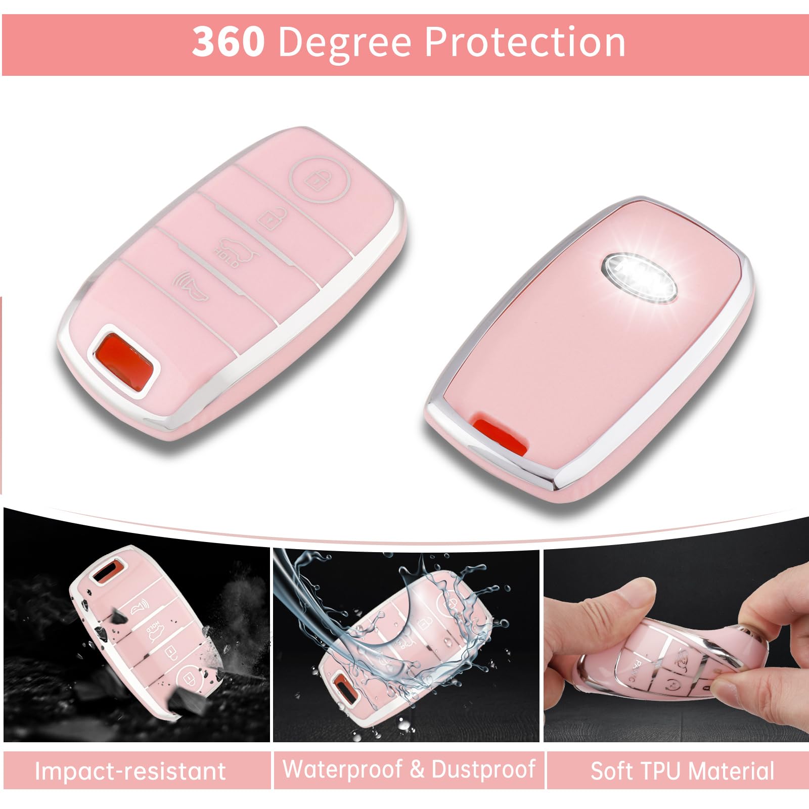 Pangpai Pink Key Fob Cover Set for Kia Forte, Niro, Optima, Sorento, Soul, Sportage - Bling Keychain, Push to Start Button Cover