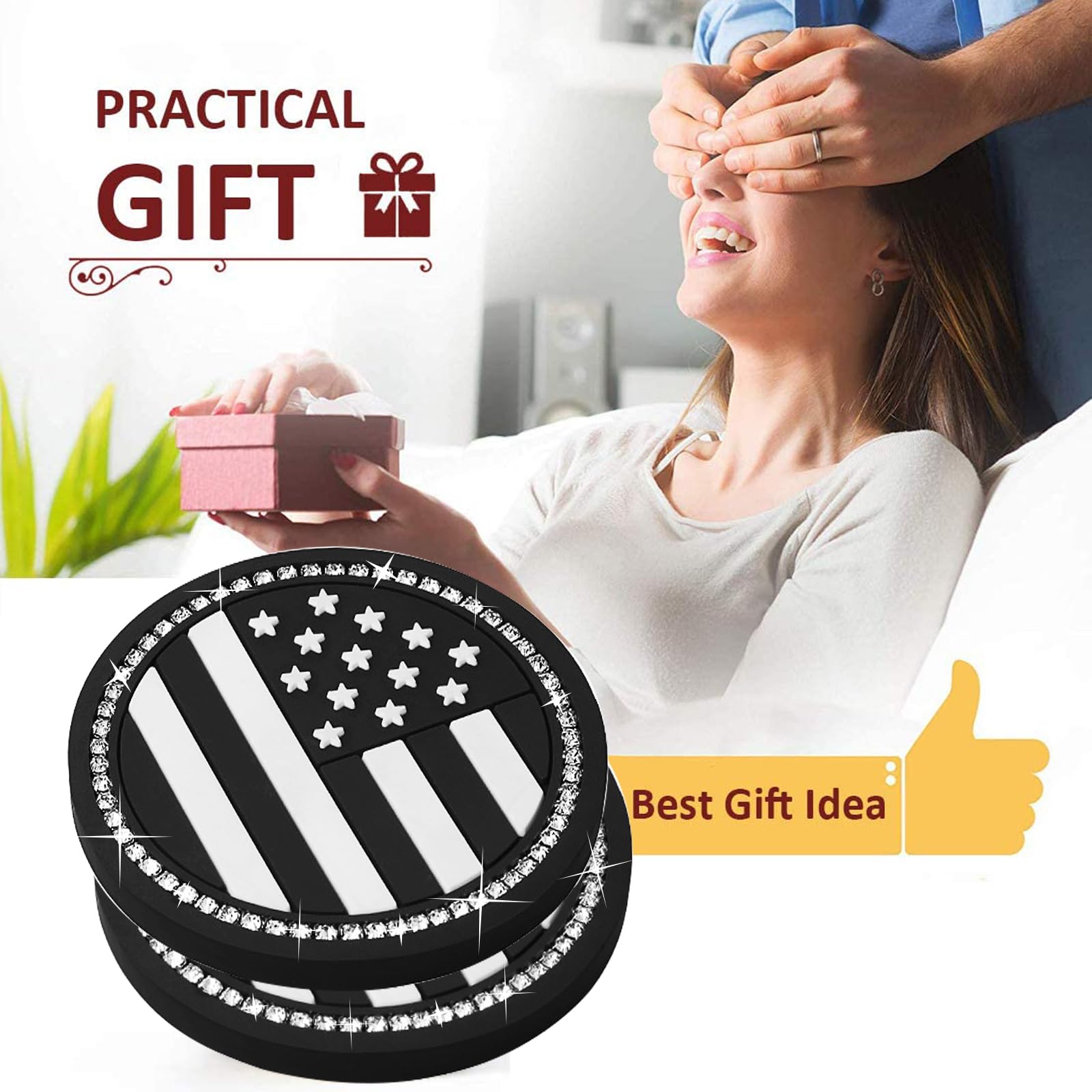 Car Cup Holder Coasters,Bling American Flag Us Flag Insert Car Cup Coaster,2.75 Inch Anti Slip Drink Mat,Vehicle Crystal Rhinest