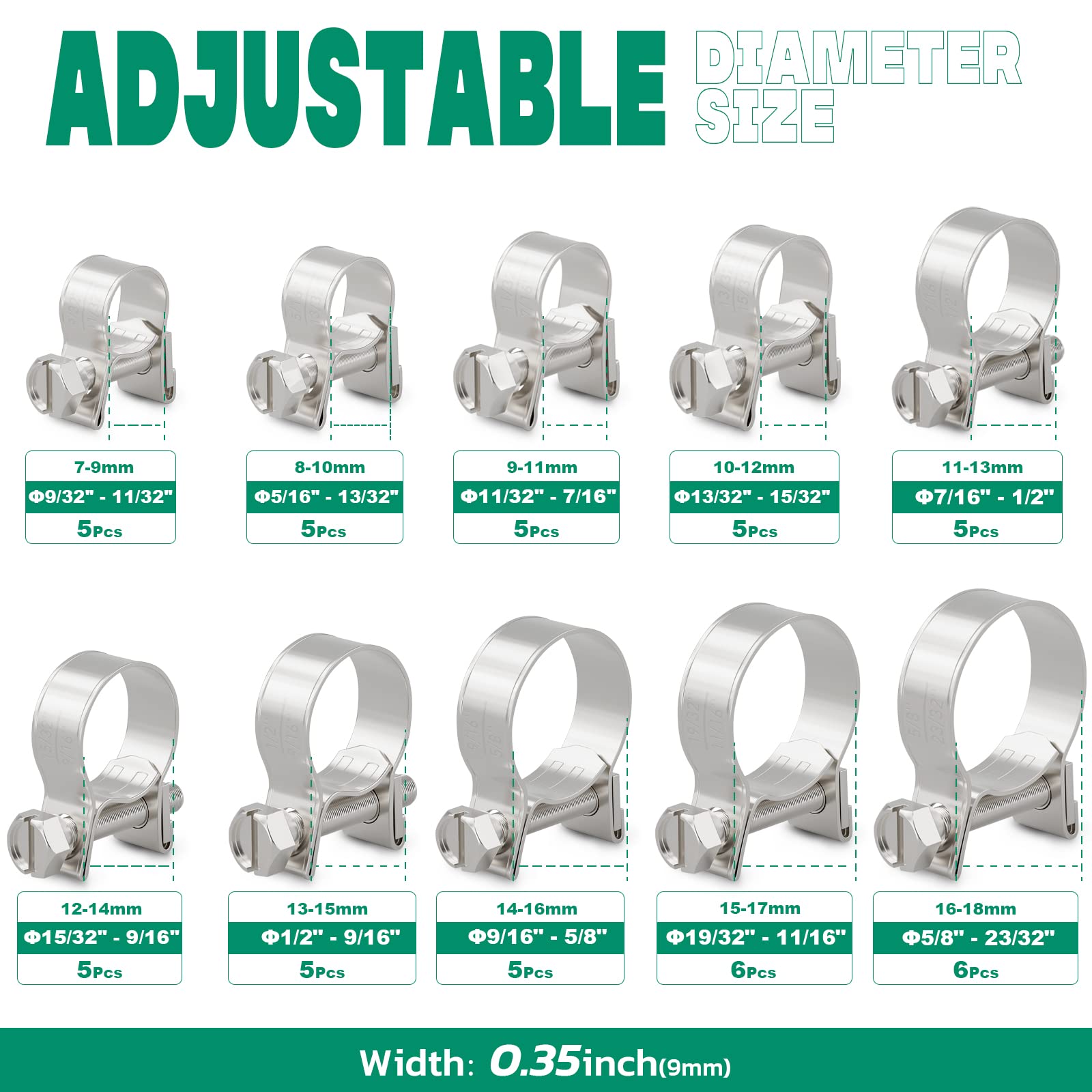 Ouru 52Pcs Fuel Line Clamp Assortment Kit 304 Stainless Steel,10 Sizes Adjustable 9/32'-23/32' Dia (7-18Mm) Mini Fuel Injection Gas Line Hose Clamps,Pipe Clamp For Automotive,Diesel Petrol Pipe