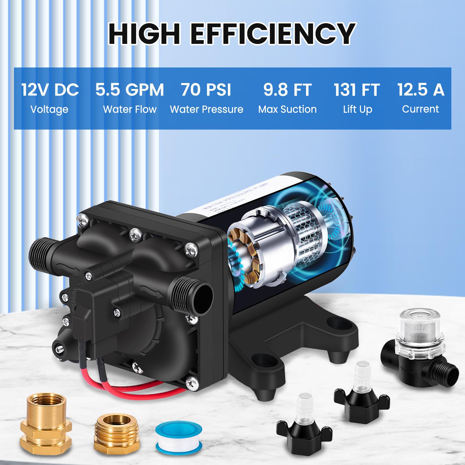 Eco-Worthy Rv Fresh 12V Water Pump With Pressure Switch 5.5Gpm 70Psi, 12 Volt Water Transfer Pressure Pump, Washdown Sprayer Dia