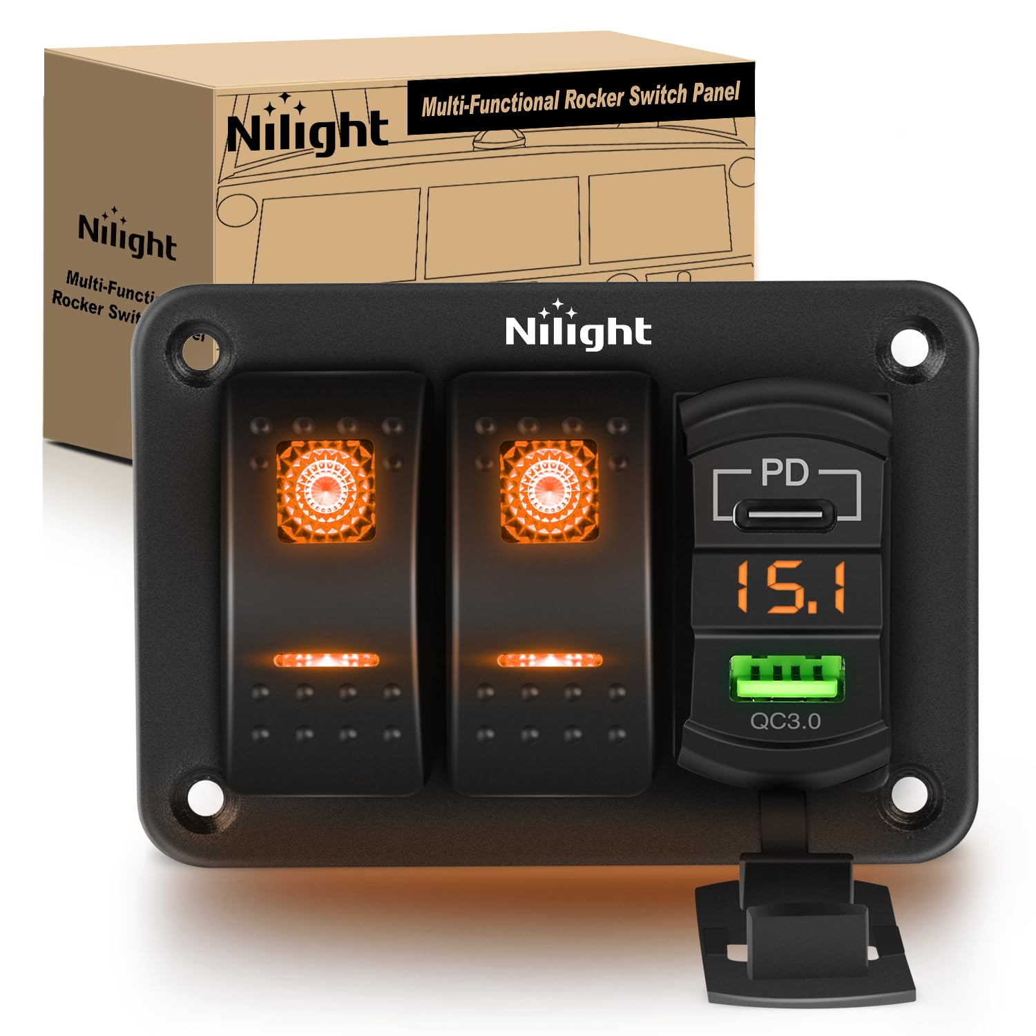 Nilight 2 Gang Rocker Switch Panel With Pd Type C And Usb Charger Voltmeter 12V Spst On Off Togglr Switches Panel W/Orange Backl