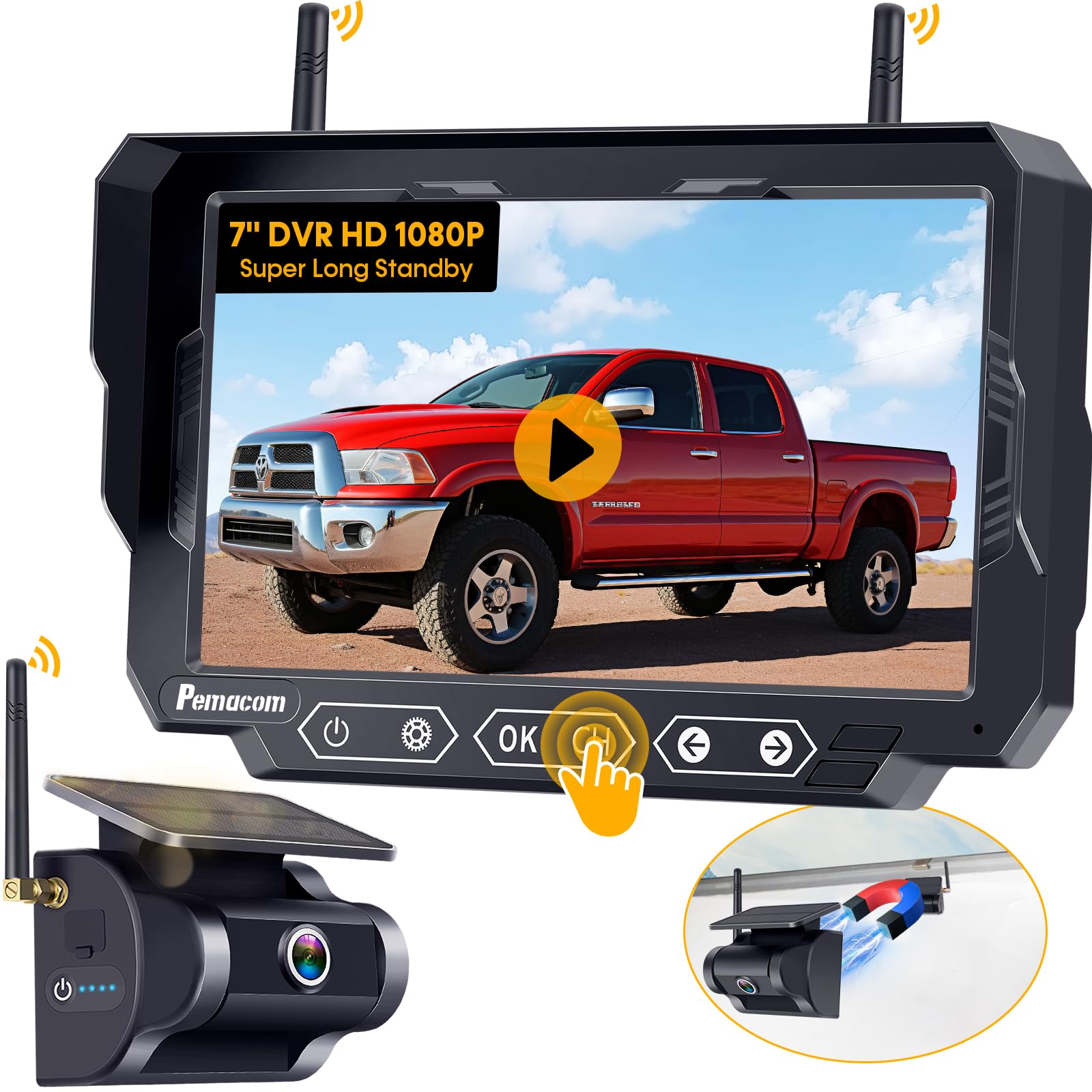 Magnetic Solar Wireless Backup Camera: 7'' Dvr Portable 1 Min Easy Install Scratch-Proof No Delay Truck Trailer Hitch Rear View 