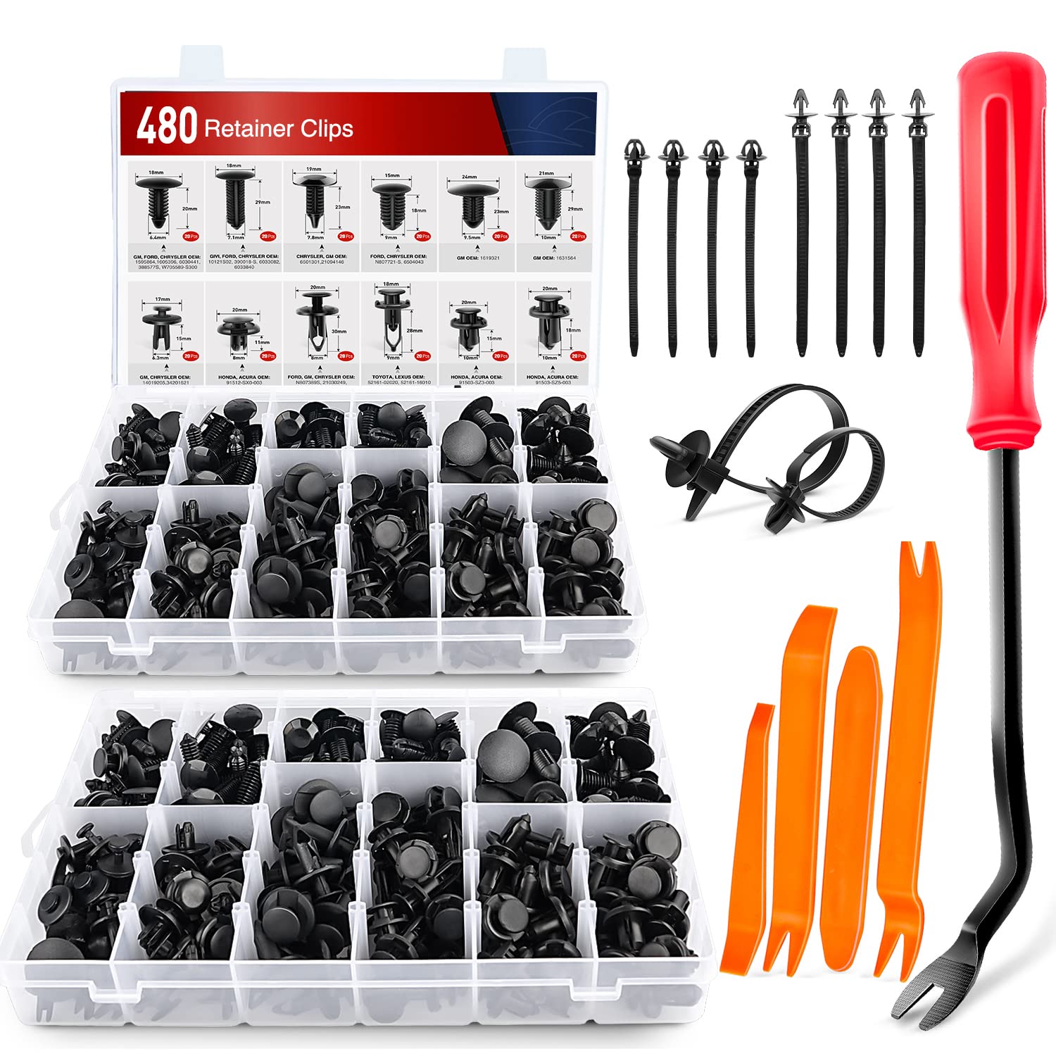 Nilight 480Pcs Car Retainer Clips & Fastener Remover With 12 Most Popular Sizes Auto Push Pin Rivets Set -Door Trim Panel Clips