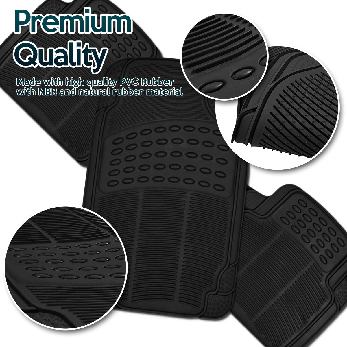 Zonetech All Weather Rubber Semi Pattern Car Interior Floor Mats - 4-Piece Set Black Heavy Duty Car Interior Floor Mats