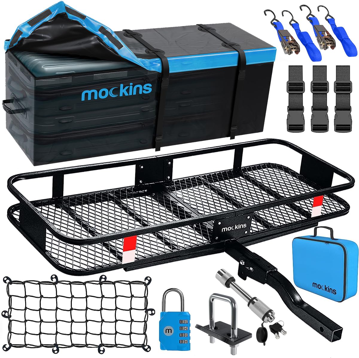 Mockins 60X20X6 Folding Hitch Mount Cargo Carrier & 16Cuft Hitch Cargo Carrier Bag |500Lbs Anti-Rust Vehicle Cargo Carriers W/Waterproof Soft-Shell Truck Bed Cargo Bag | Cargo Racks For Trailer Hitch