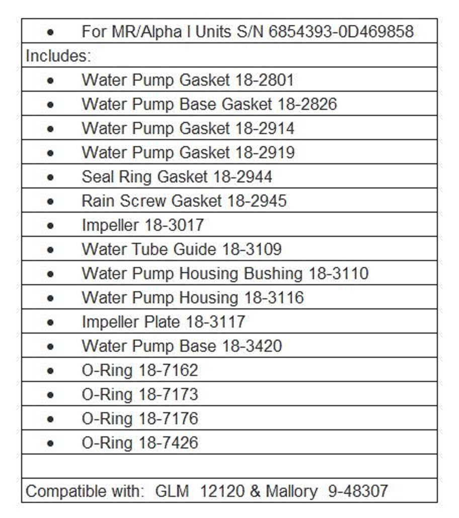 Sierra 18-3320 Water Pump Kit For Mr/Alpha I Units S/N 6854393-0D469858
