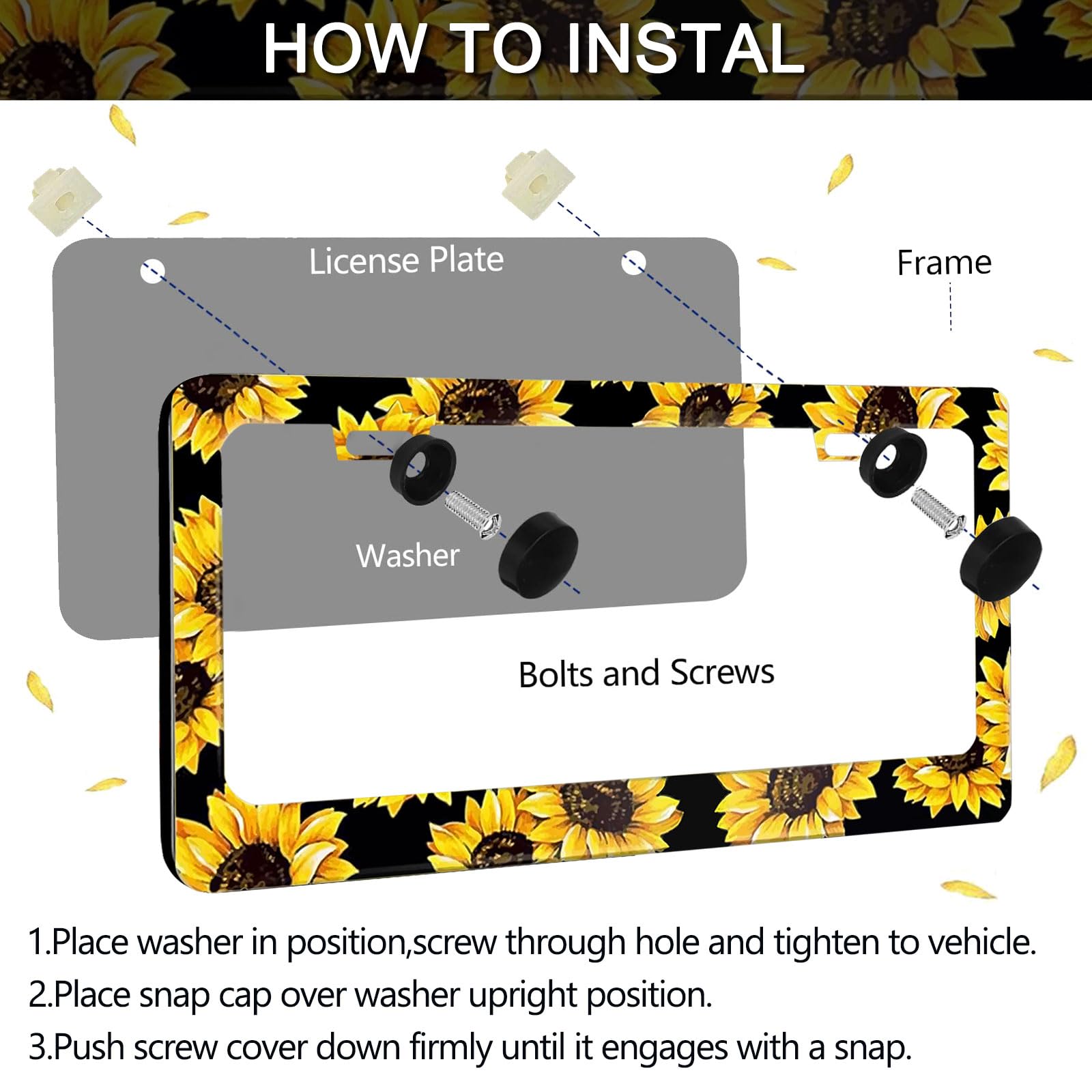 Sunflower License Plate Frame - 2 PCS Aluminum Metal Yellow Sunflowers License Plate Frames Holder Covers, Rust-Proof Waterproof