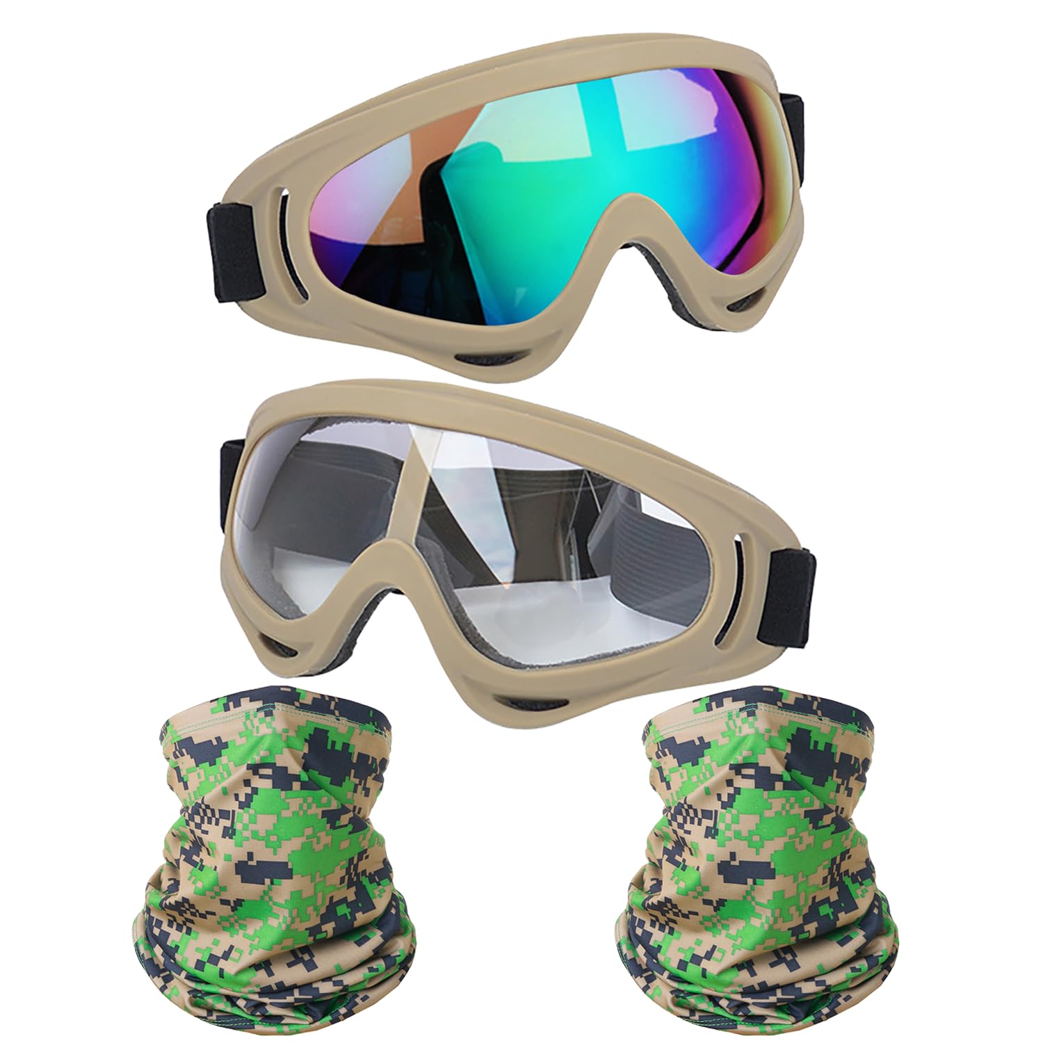 Ljdj Motorcycle Goggles,2 Pack Dirt Bike Atv Motocross Riding Hiking Protective With 2 Pack Neck Breathable Bandana Mask (Khaki/