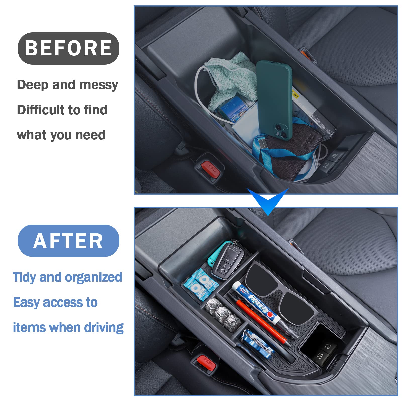 TOPINSTALL Center Console Tray for 2018-2024 Toyota Camry, Black, Dual USB Ports, ABS Material, Armrest Storage Organizer