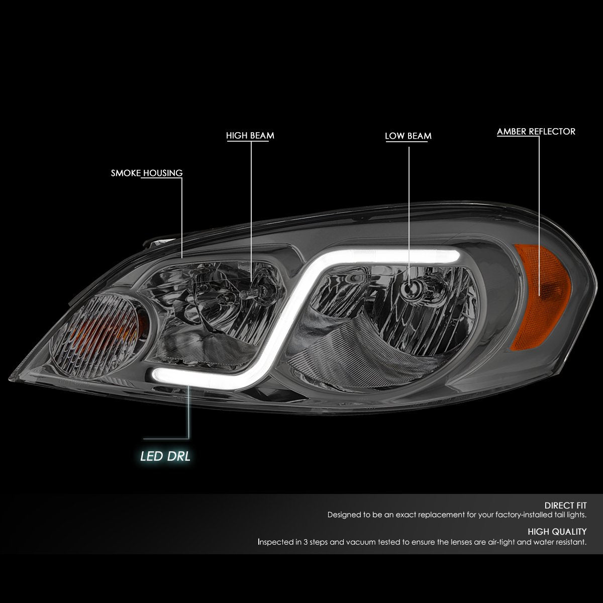 Dna Motoring Hl-Lb-Ci06-Sm-Am Smoked Amber Headlights With Led Day Running Light Strip Replacement For 06-13 Impala