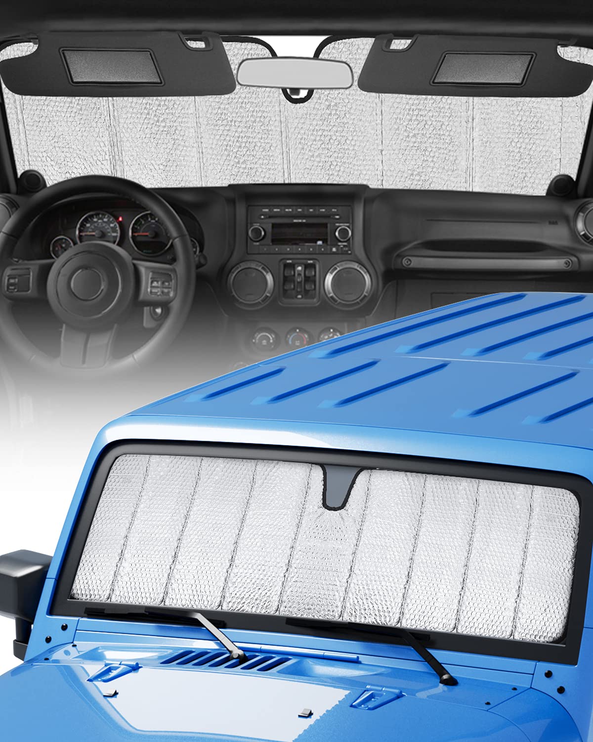 Qmparts Upgraded Windshield Sunshade Compatible With Wrangler Jk Tj, Foldable Sun Visor Windshield Sun Shade Blocks Uv Rays, Window Sun Shade Shield Protector Compatible With Wrangler 1997-2018