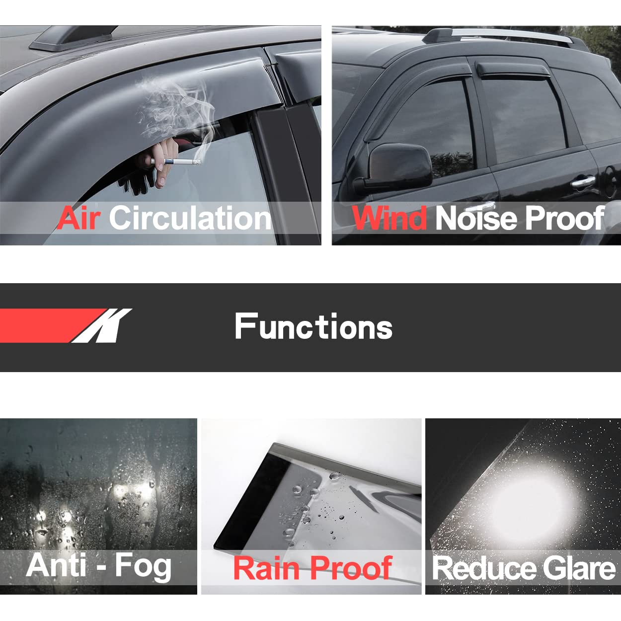 Kucaruce 94425 Side Window Wind Deflector,4pcs Outside Mount Tape-On Sun Rain Guards Set,Dark Smoke Nice Window Visor fit for 20