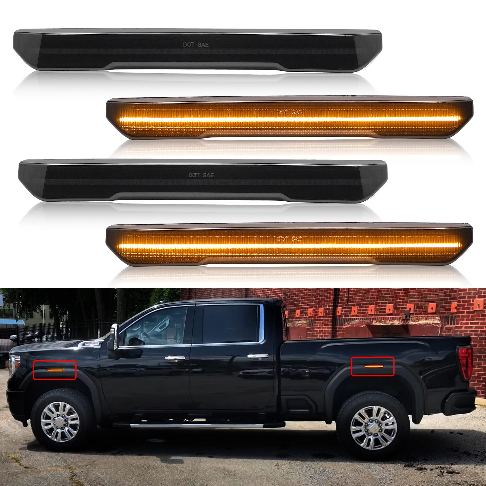 R&F Auto 4Pcs Amber Smoked Lens Led Side Marker Lights Replacement For Sierra 2500Hd 3500Hd 2020-2024 Pickup Truck Amber Front R
