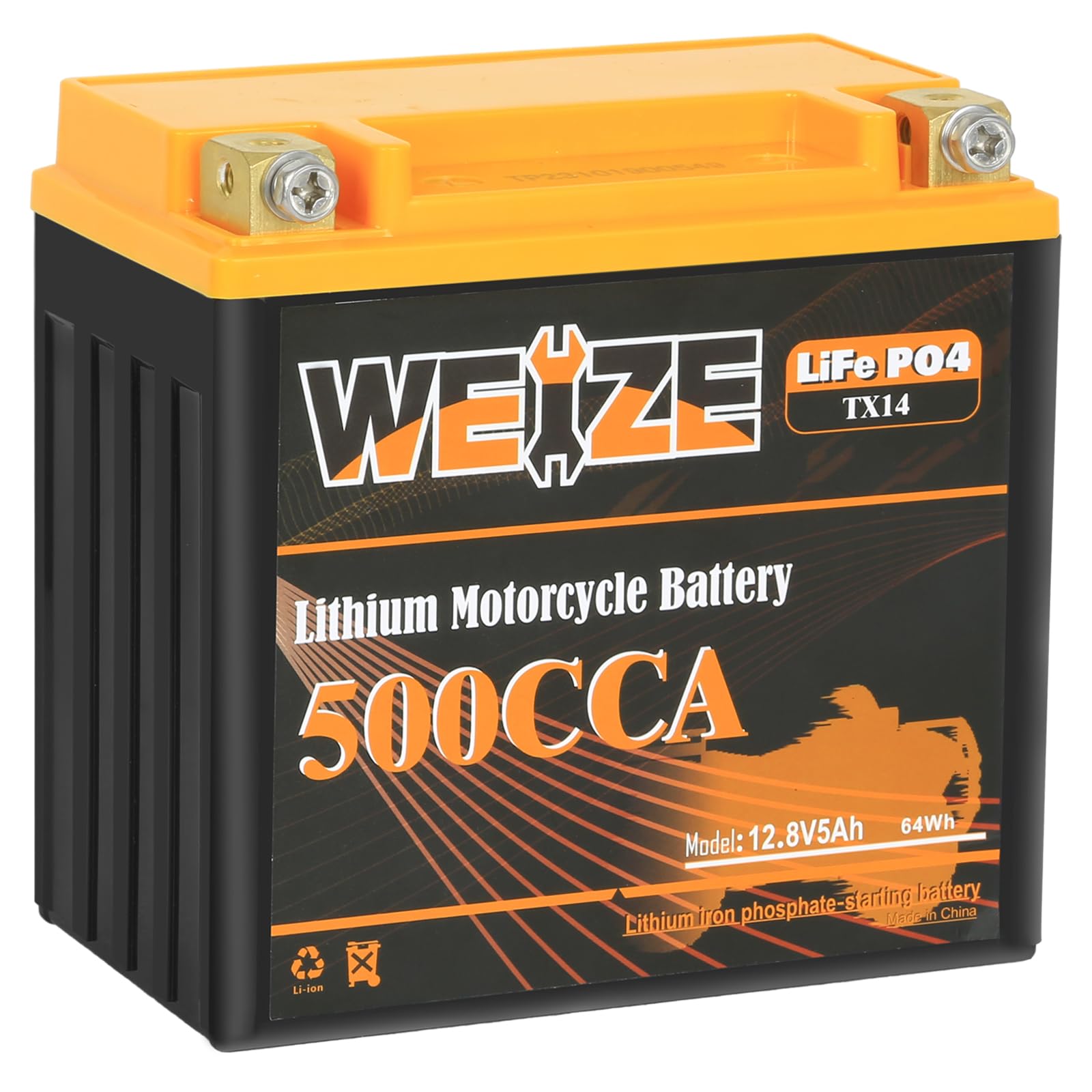 Weize Lithium Ytx14-Bs, Group 14, 500A Lifepo4 Motorcycle Battery, 12V 5Ah Atv, Utv, Jet Ski, 4 Wheeler, Snowmobile, Personal Wa