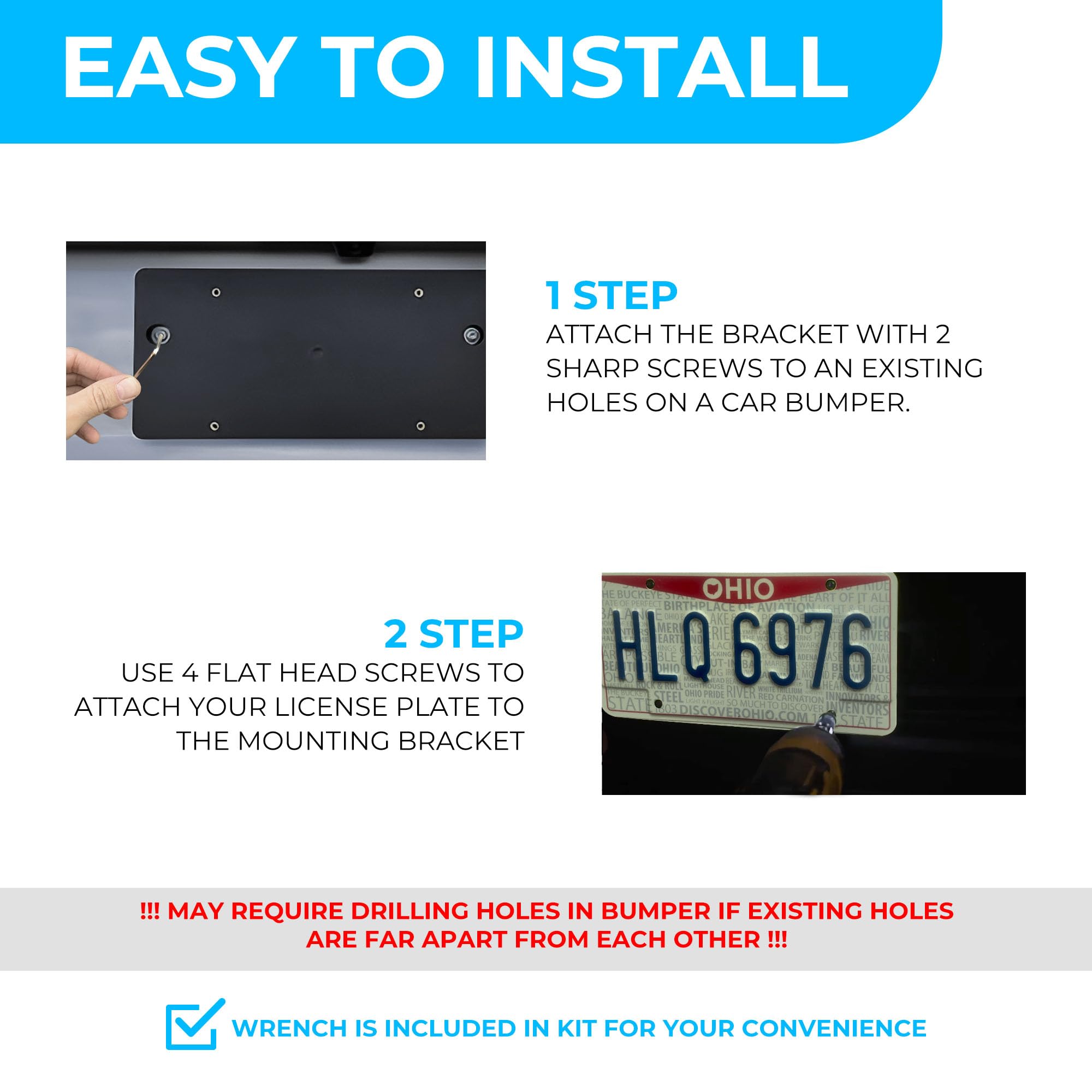 Rear Bumper License Plate Bracket For Audi Q3 2013-2023, Plate Holder Set W 8 Unique Screw Bolts & Wrench Kit, License Tag Mounting Kit, Quality Plate Holders, Premium Car Accessories