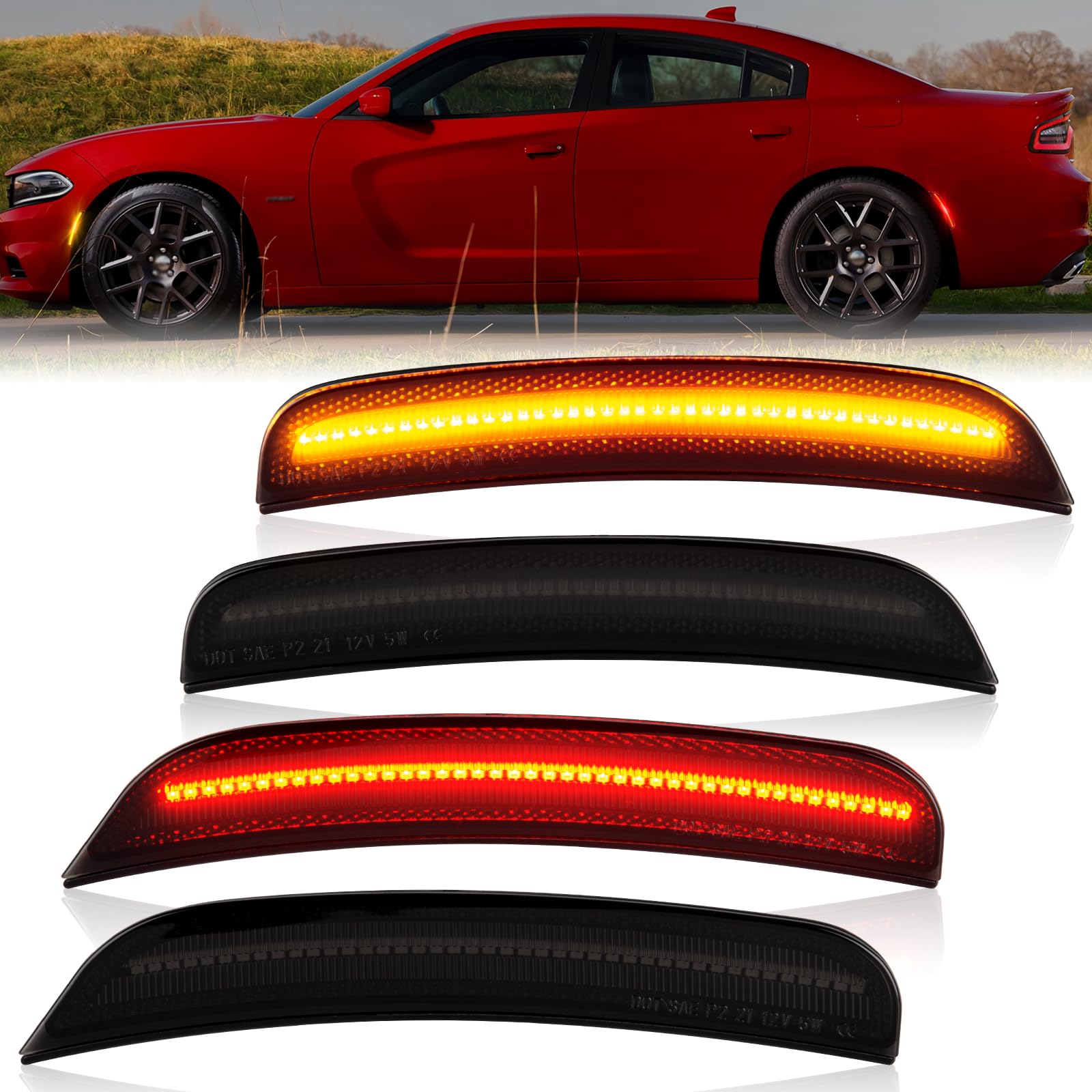 Gempro Led Side Marker Lights Compatible With Dodge Charger Ld 2015-2023 Front Rear Bumper Marker Lamps Smoked Len, 4Pcs (Amber