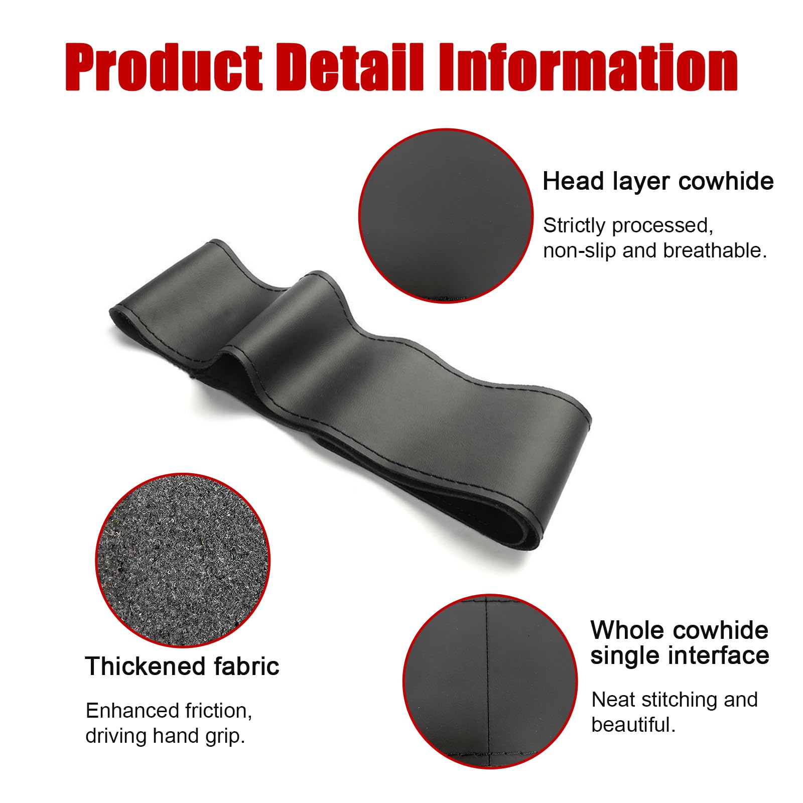 Ziciner Leather Steering Wheel Cover, Stitch On Wrap, Breathable Anti-Slip Car Steering Wheel Protector for Max Diameter 15'', D