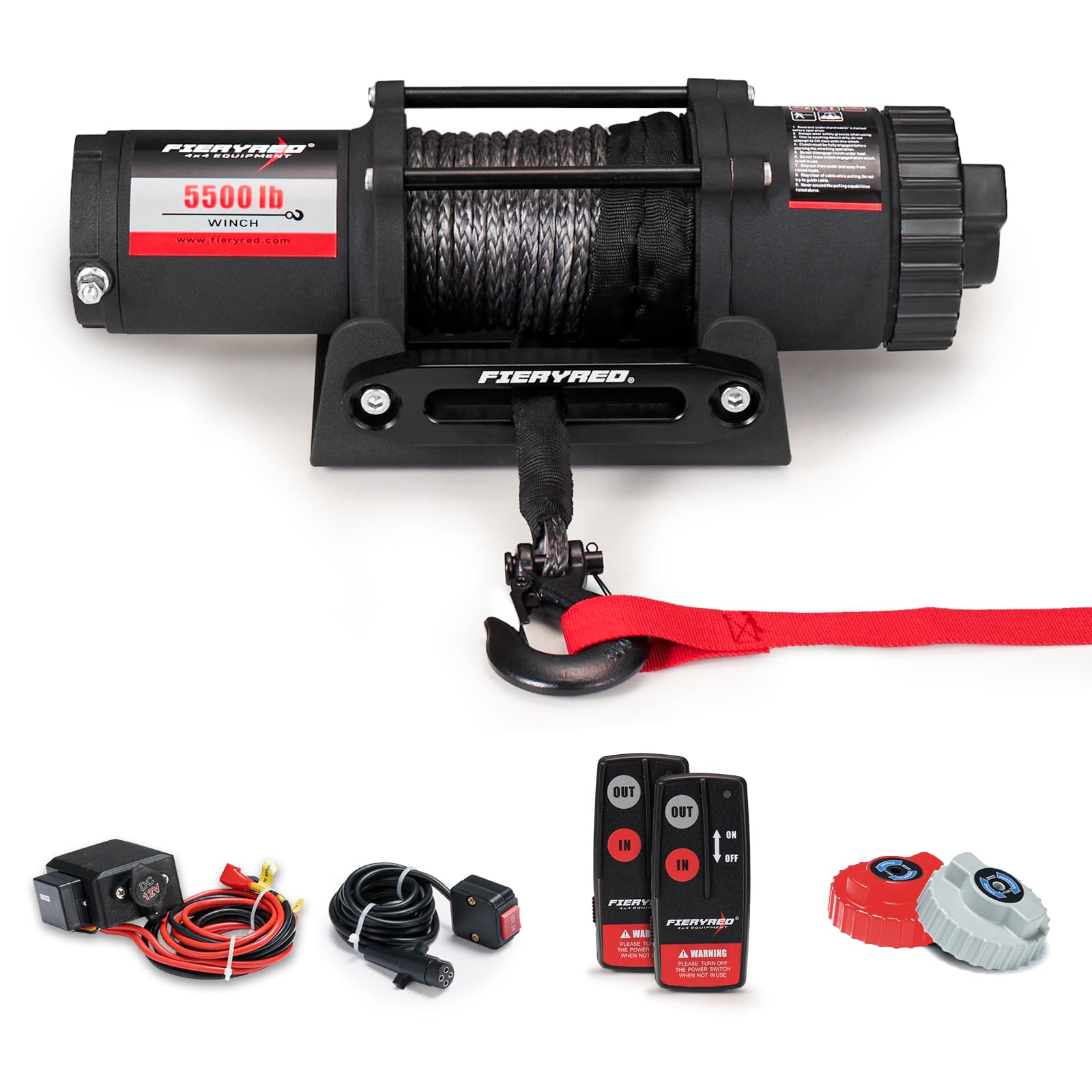 FieryRed ATV/UTV Winch- 12 V 5500LBS Electric Winch with Synthetic Rope, Wire and Wireless Remote Control, Aluminium Fairlead