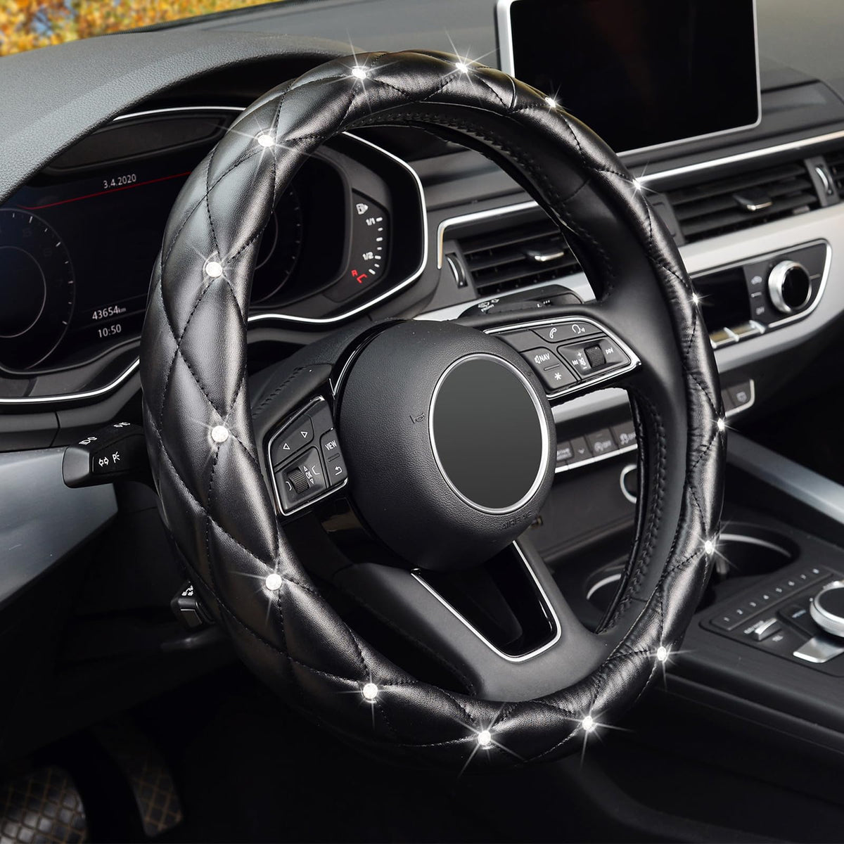 Kafeek Diamond Soft Leather Steering Wheel Cover With Bling Bling Crystal Rhinestones, Universal 15 Inch Anti-Slip, Car Interior