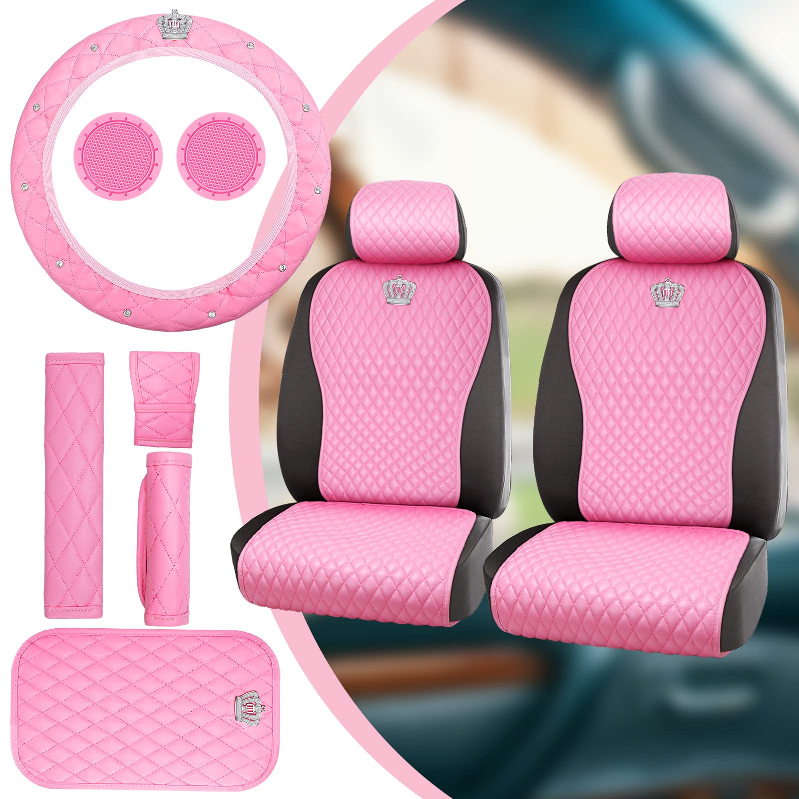 Tallew Pink Car Accessories Set Car Seat Covers Full Set Steering Wheel Cover Headrest Cover With Center Console Pad Cup Holders