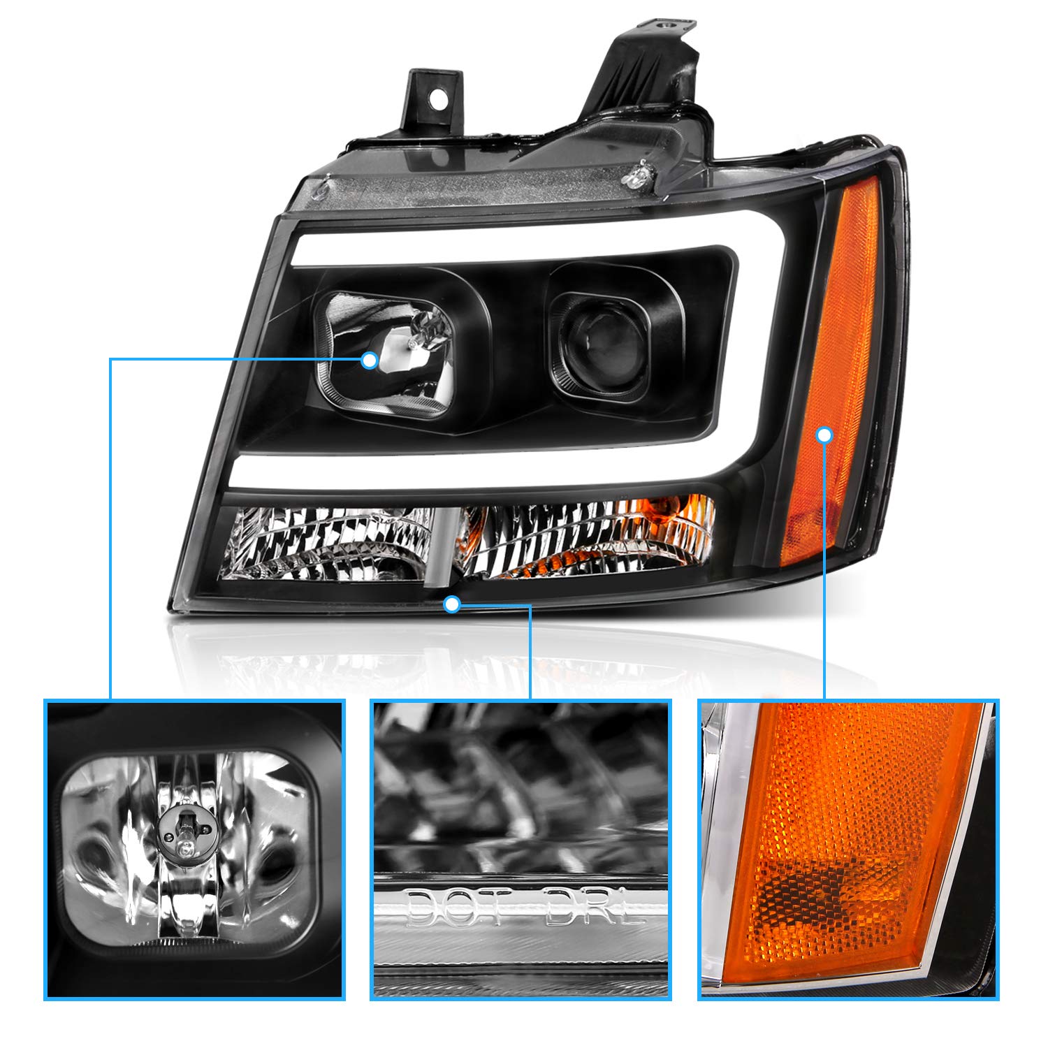 Amerilite For 2007-2013 Chevy Avalanche Suburban Tahoe Super Bright Led Bar Projector Halogen Black Headlights Pair - Passenger