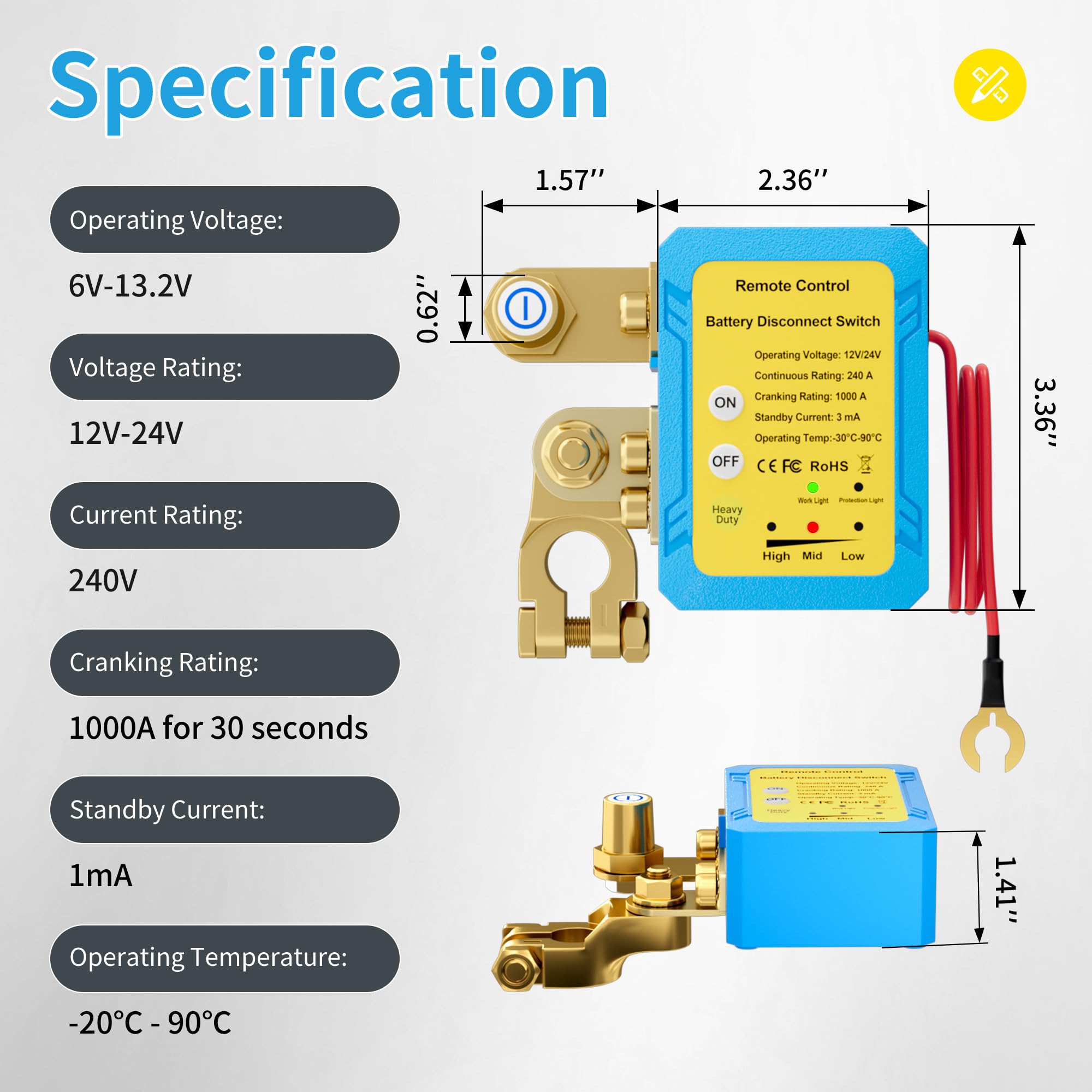 Joinfworld Remote Battery Disconnect Switch 12V 240A Kill Switch For Car Anti Theft Automatic Shut Off Switch With Wireless Remo