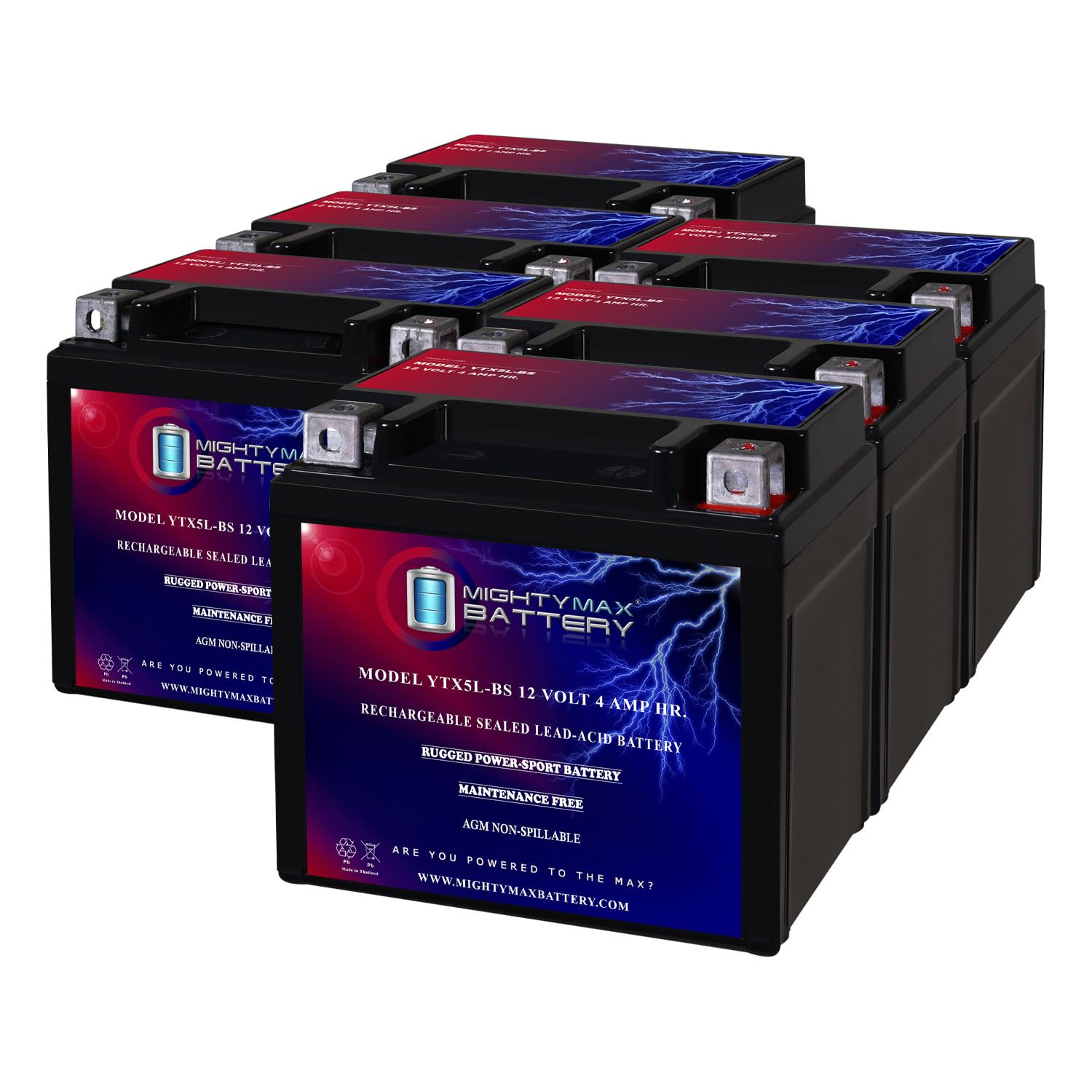 Mighty Max Battery YTX5L-BS MOTORCYCLE BATTERY REPLACEMENT - 12V 4AH - 80 CCA - 6 PACK