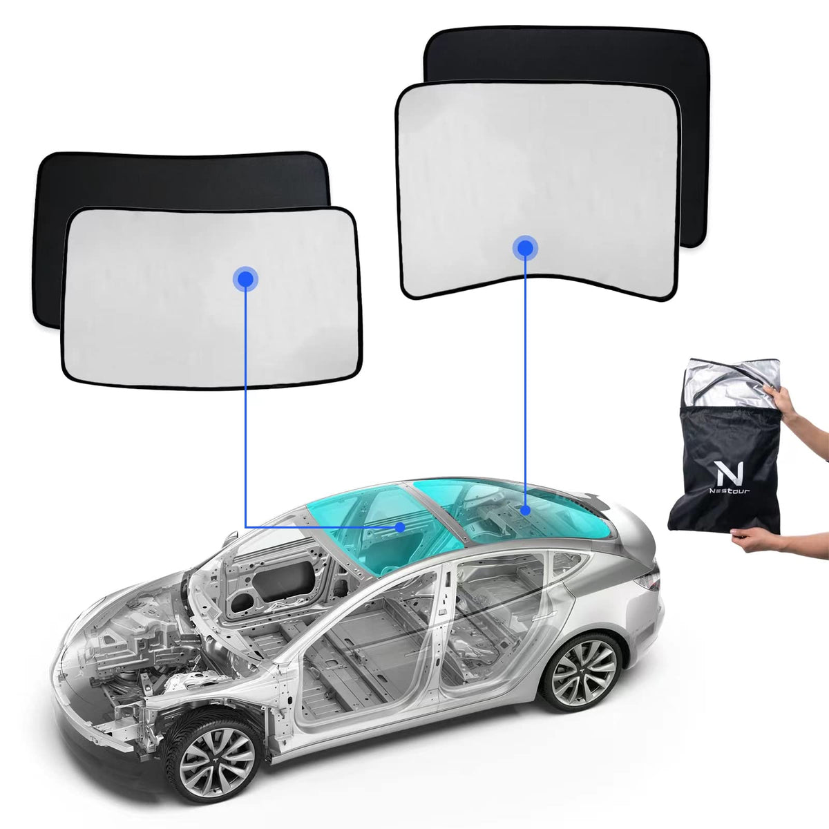 Nestour Tesla Model 3 Sunshade, Foldable Mesh Top Roof Sunshade And Half Covered Rear Window Sunroof Shade Fit Tesla Model 3 201