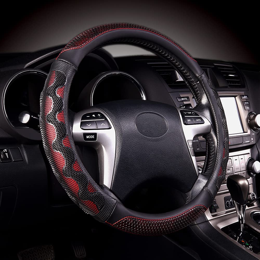 Flying Banner Car Steering Wheel Cover Faux Leather Massage Universal Fit 3D Honeycomb Hole Anti-Slip Sporty 15 Inches (Red With