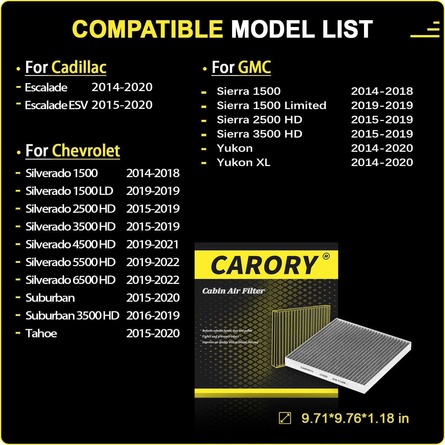 CARORY Cabin Air Filter w/Activated Carbon for Chevy, Cadillac, GMC Select Models - Silverado 1500/2500/3500 HD, Suburban, Tahoe