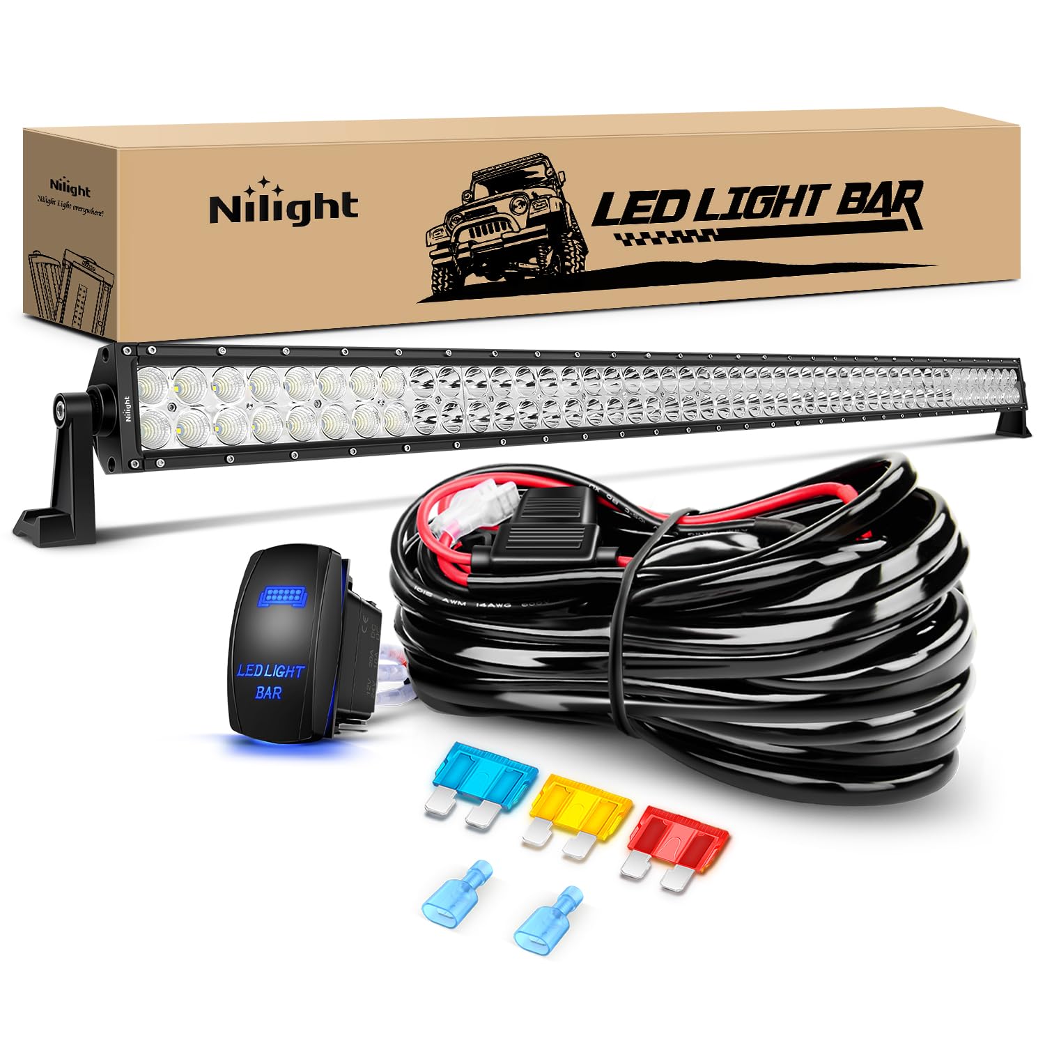 Nilight 52Inch 300W Spot Flood Combo Led Light Bar Off Road Driving Lights Boat Lights Fog Light 12V On/Off 5 Pin Rocker Switch