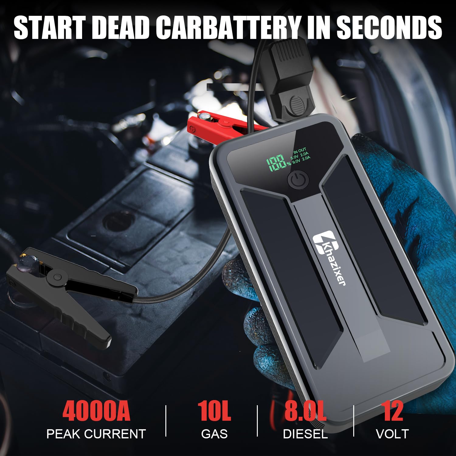Khazixer Et02 Car Battery Jump Starter 4000A Peak, 12V Lithium Portable Jumper Starter For Up To 10.0L Gas And 8.0L Diesel Engin