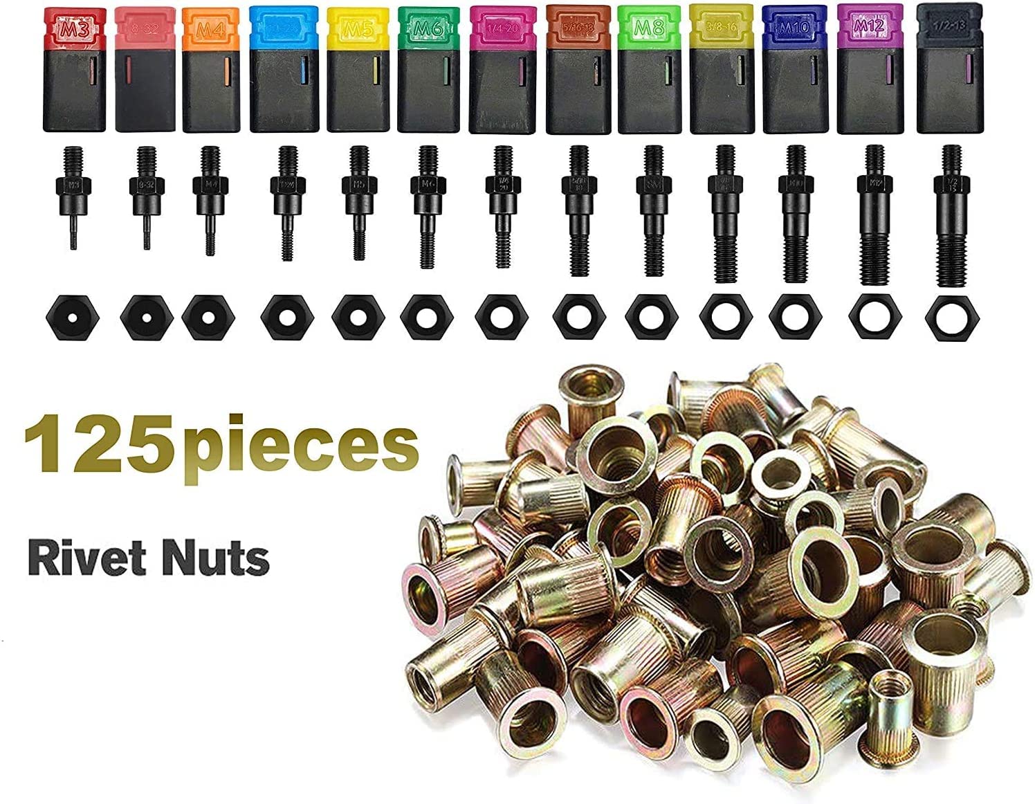 Ziojovk 16   Hand Rivet Nut Tool,Professional Rivet Nut Setter Kit With 13 Mandrels(M3 M4 M5 M6 M8 M10 M12 Sae 8-32,10-24, 1/4-2