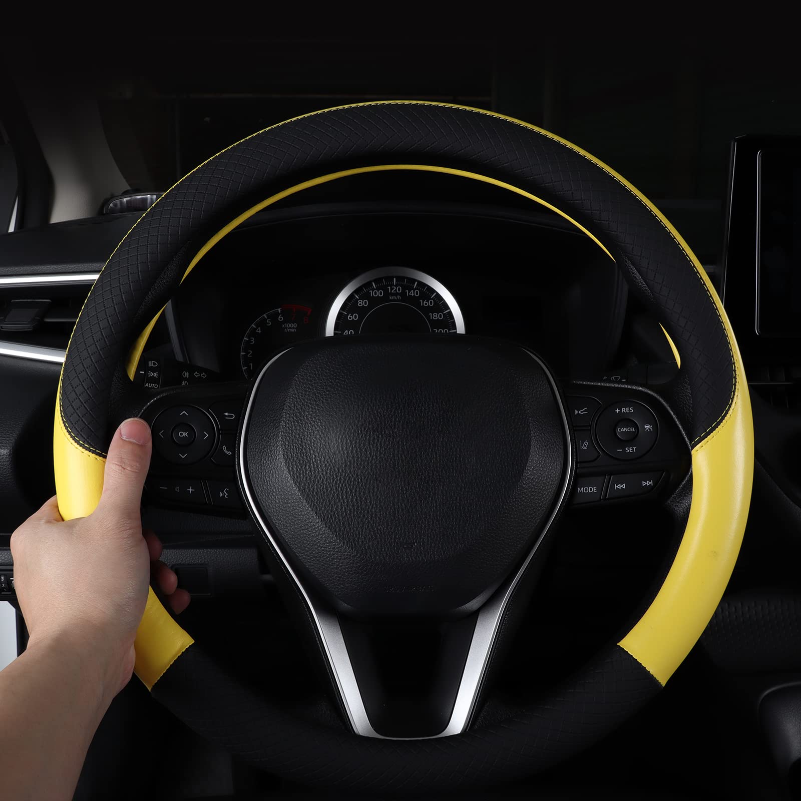 Follicomfy Auto Car Genuine Leather Steering Wheel Cover Anti Slip Wrap 15'' (Yellow)