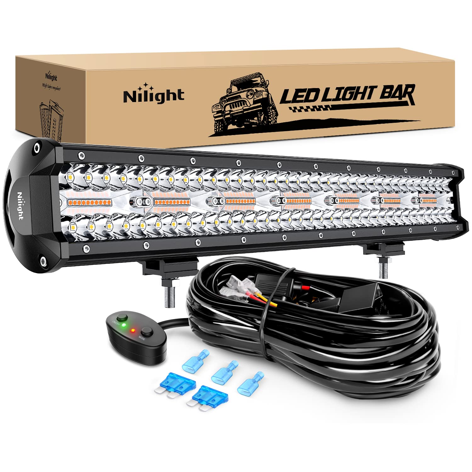 Nilight 20Inch 420W Led Light Bar Spot Flood Amber White Strobe 6 Modes With Memory Function Off-Road Truck Car Atv Suv Cabin Bo