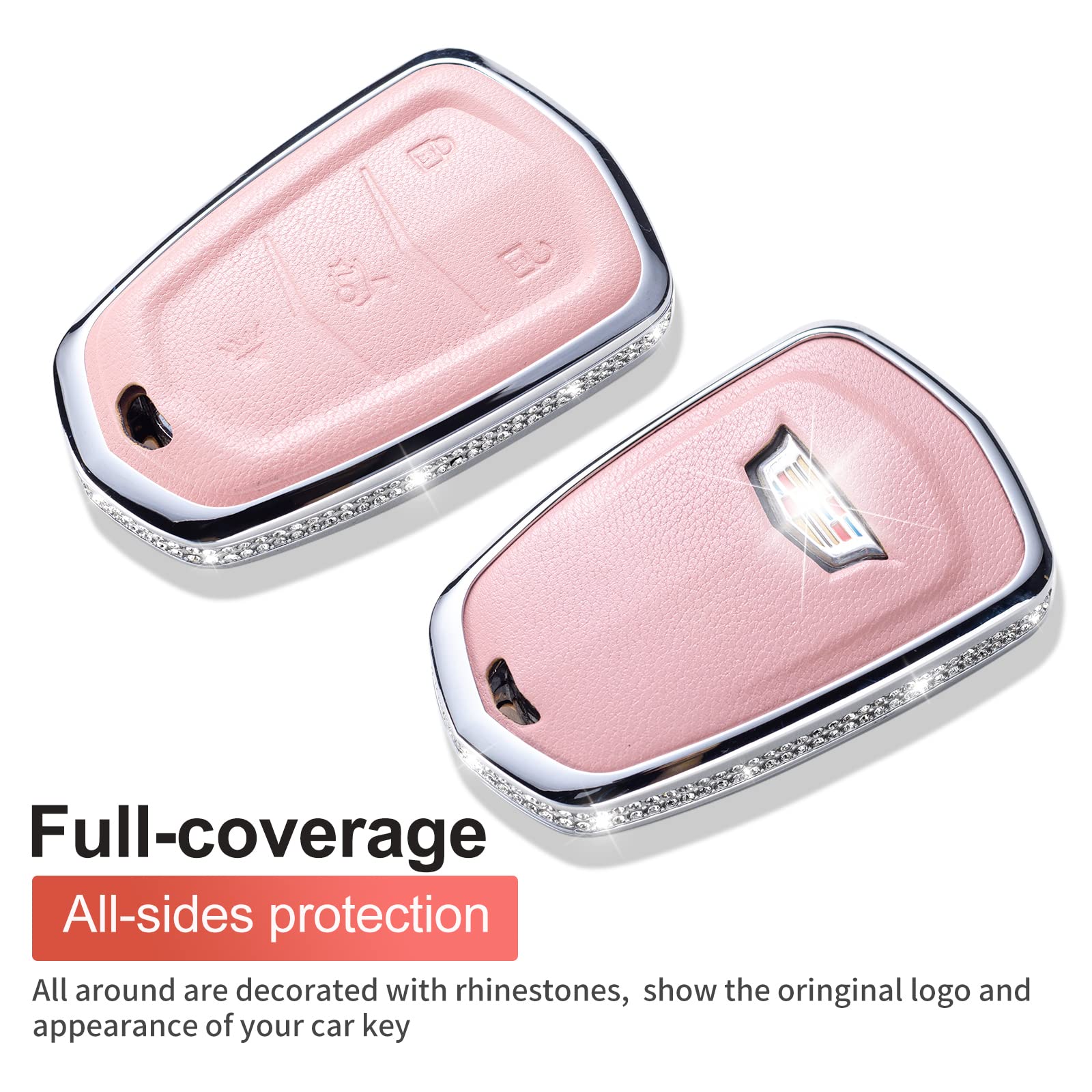 Ruabiban For Cadillac Key Fob Cover With Keychain, Pink Genuine Leather Crystal Key Case Protection Shell Compatible With Cadill
