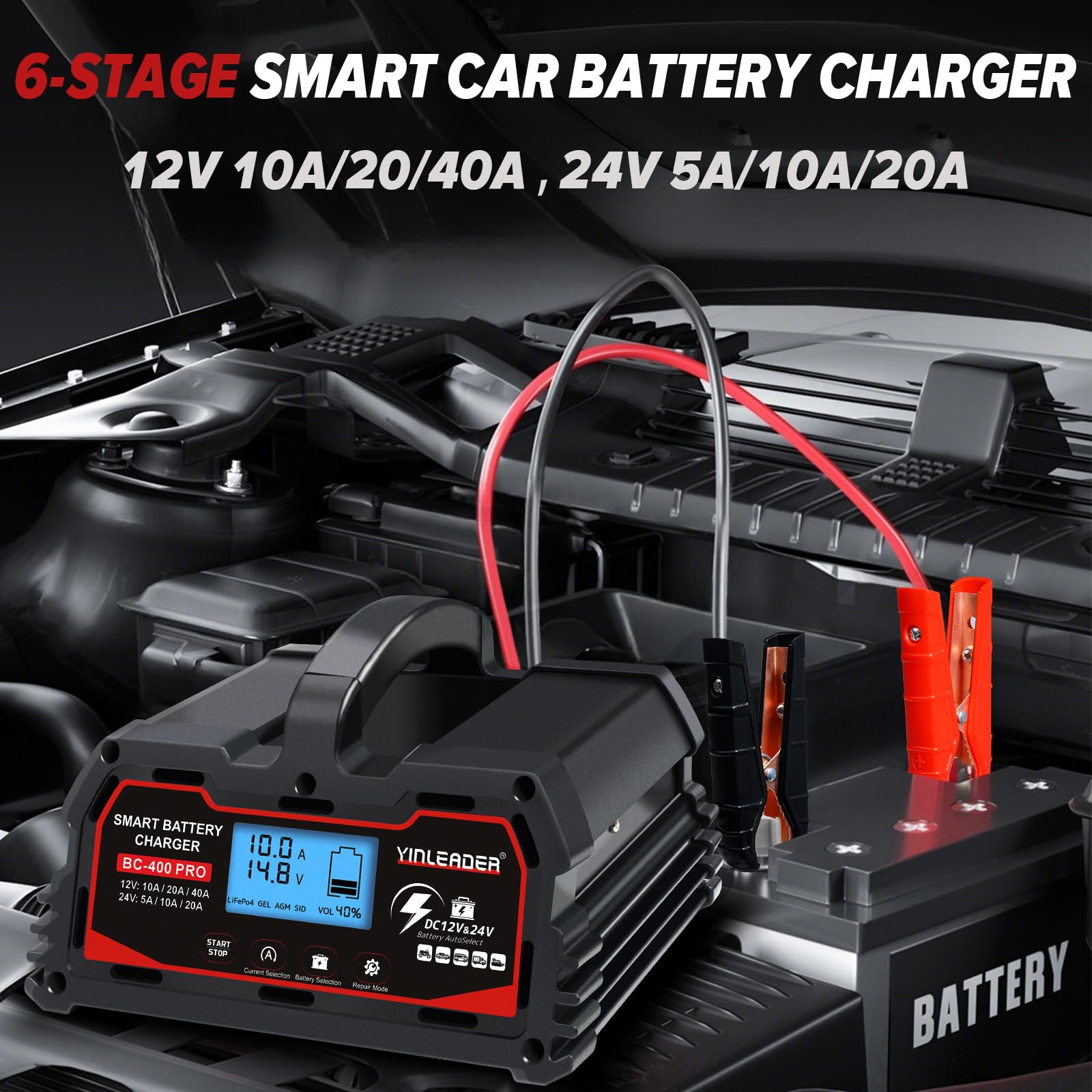Battery Charger 40A, 12V/24V Lead Acid Smart Battery Charger, 12V LiFePO4 Car Battery Trickle Charger, Automatic Battery Maintai