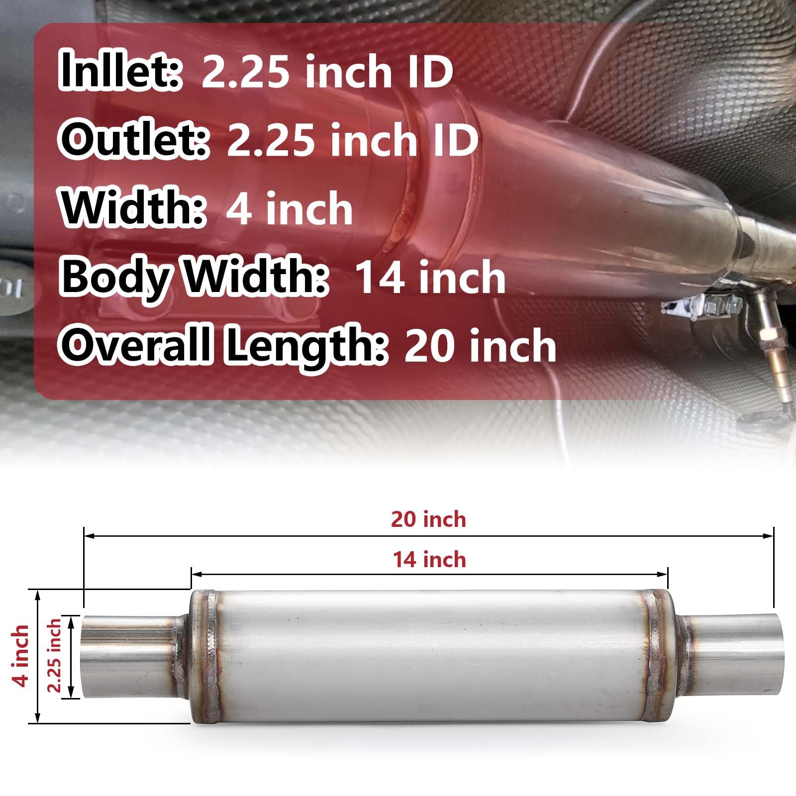 A-Karck 2.25'' Inlet Exhaust Resonator, 2.25'' Inlet 2.25'' Outlet 20'' Overall Length Resonator Stainless Steel