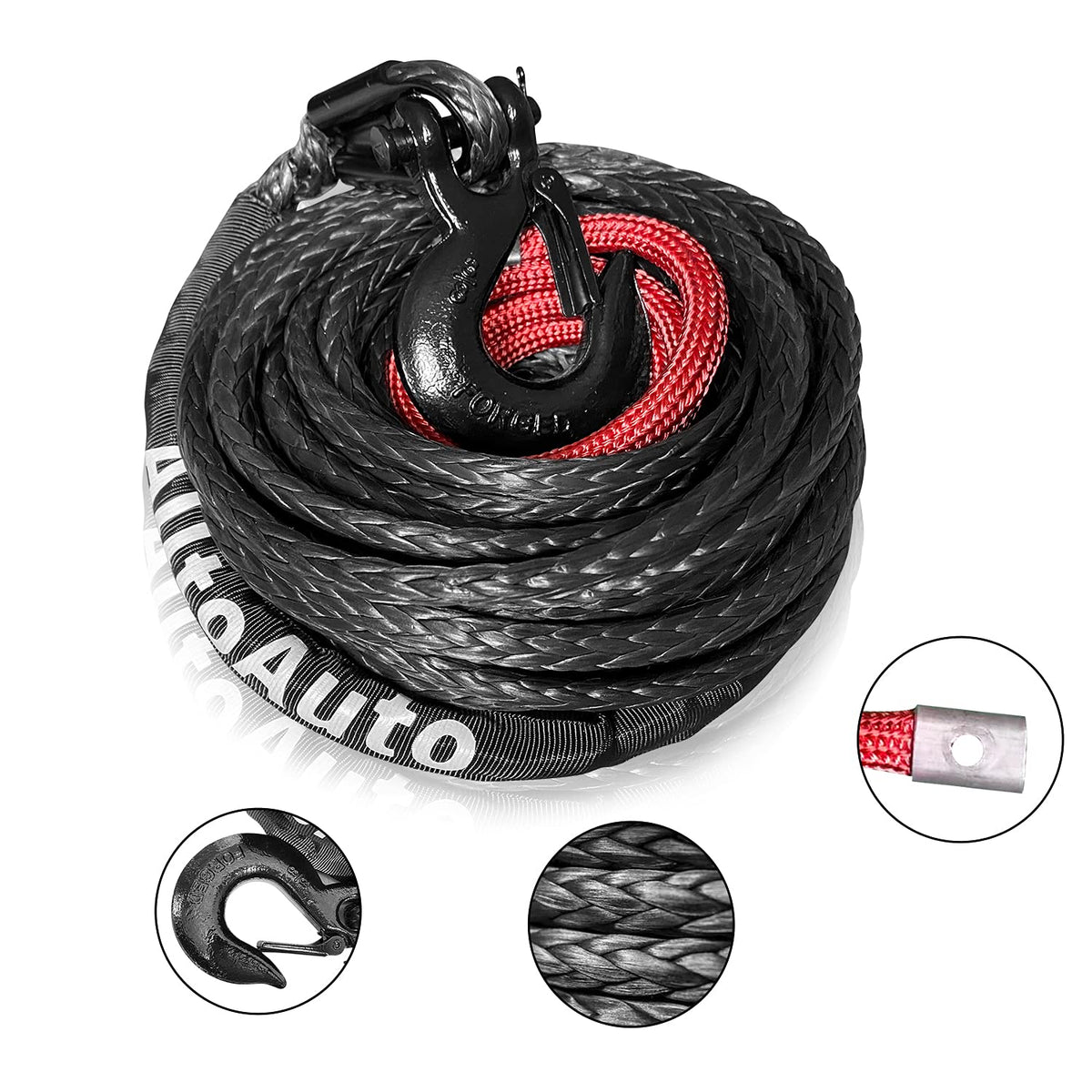 Alltoauto Winch Rope With Hook, 3/8'' X 100'-25000Lbs Dyneema Synthetic Winch Rope Line Cable With Protective Sleeve For Truck 4