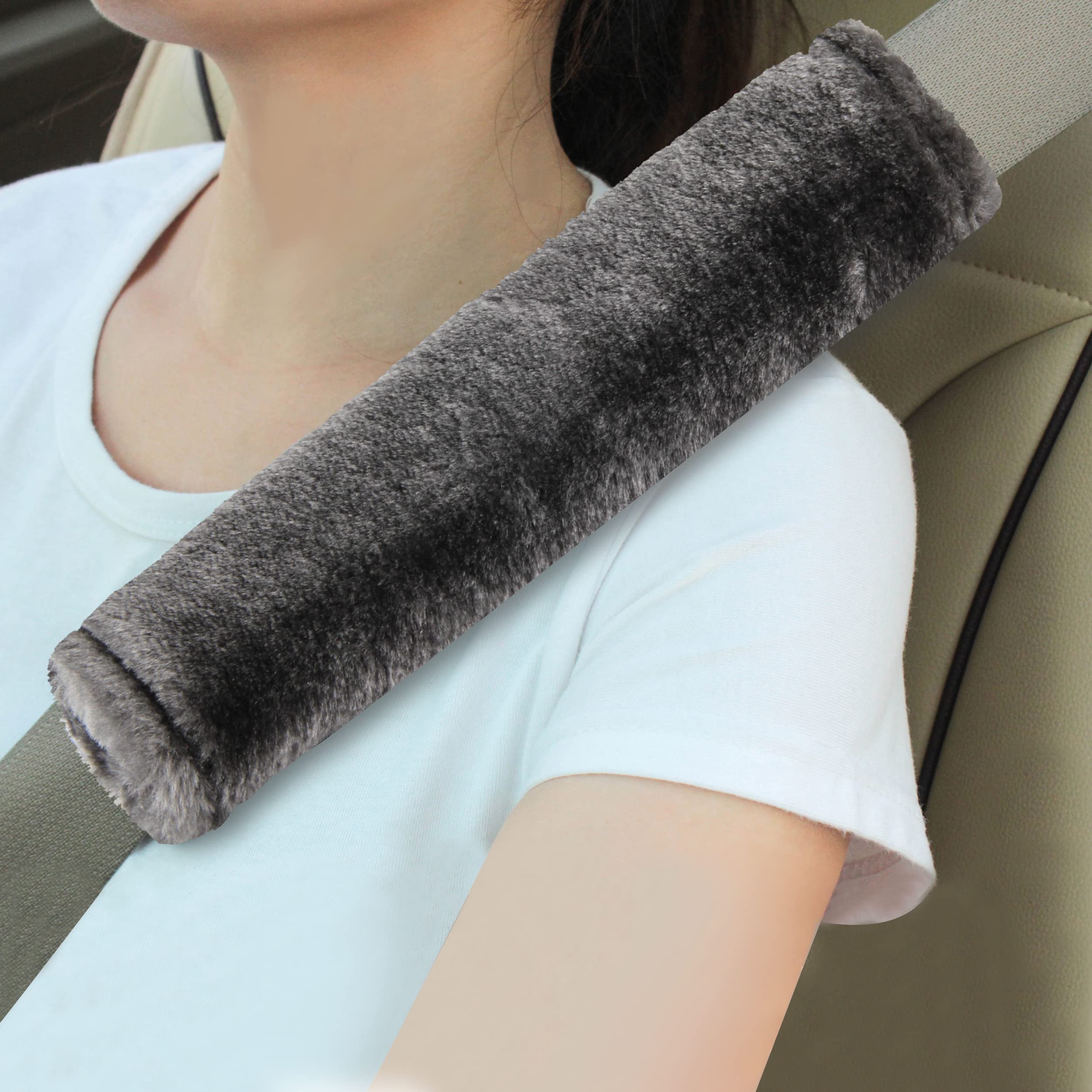 Moonet 2 Packs Car Seatbelt Covers Shoulder Pad For More Comfortable Driving, Universal Seat Belt Cover For Handbag Camera Backpack Straps, Soft Faux Sheepskin Wool Seat Belt Cushion (Dark Gray)