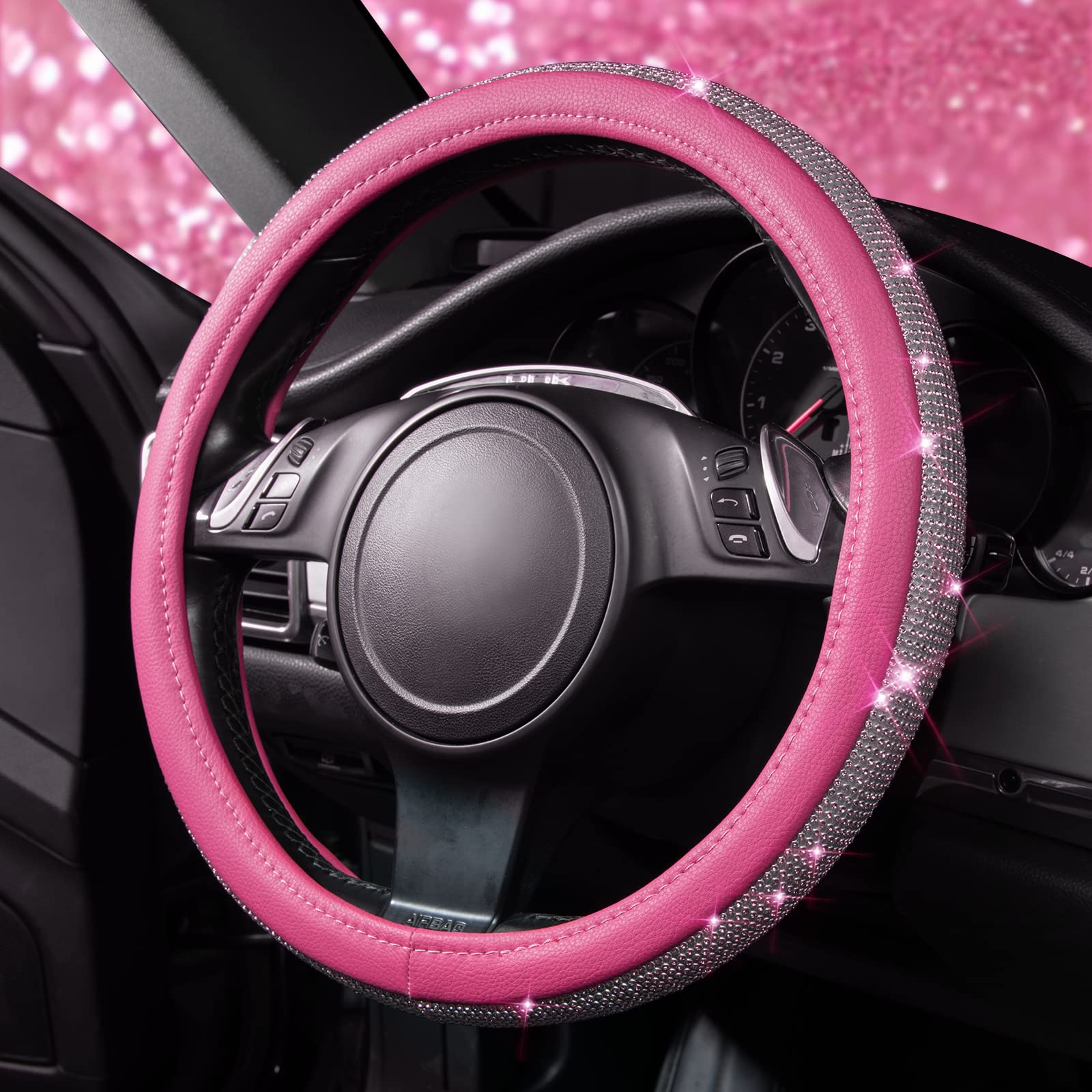 Car Pass Diamond Pink Leather Steering Wheel Cover, With Bling Crystal Rhinestones Universal Fit 14 1/2-15 Crystal Glitter For Women Sparkle Girl Fit Suvs,Vans,Sedans,Cars,Trucks, Pink Diamond