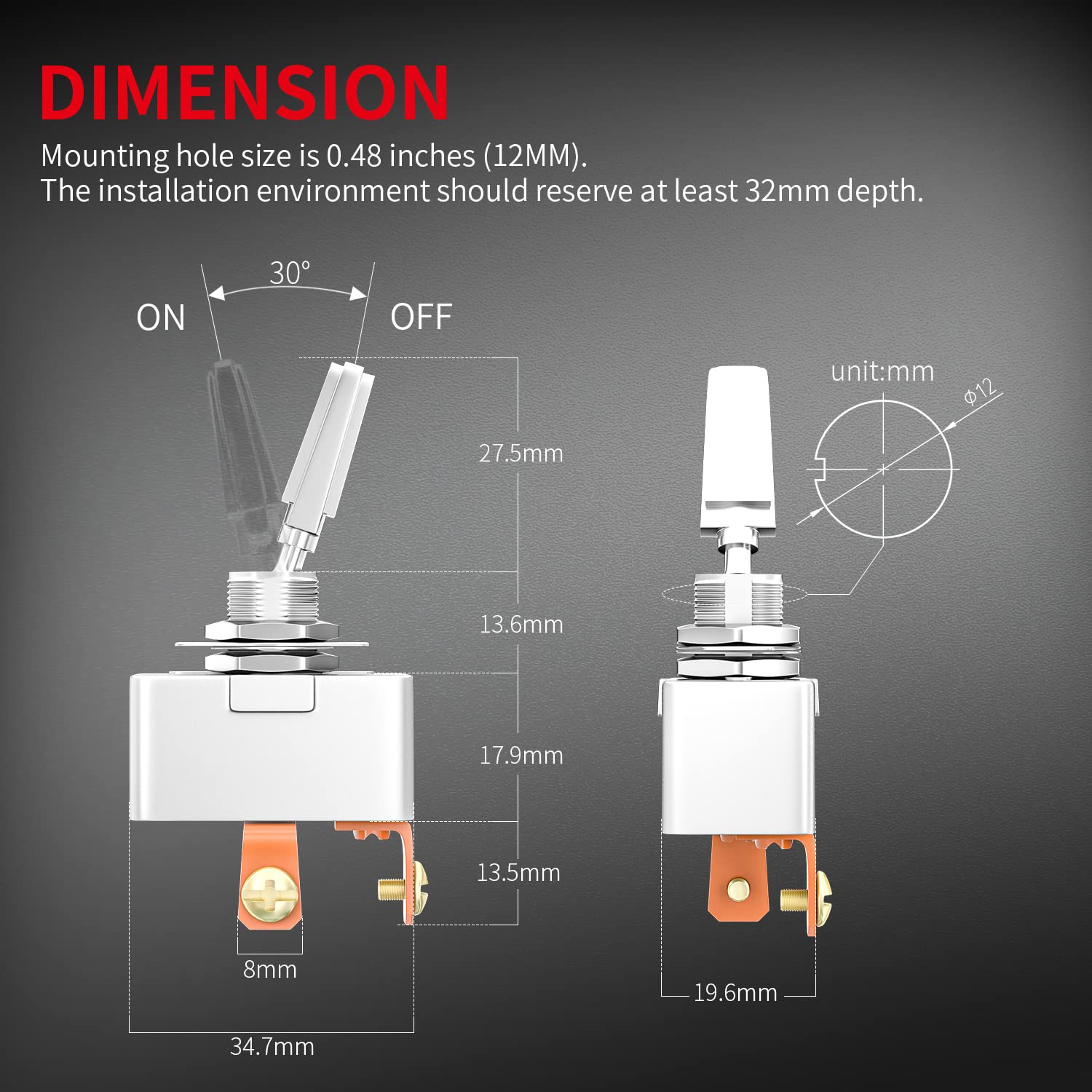 Daiertek Heavy Duty 50 Amp 12V Toggle Switch Automotive 2 Position On Off Rocker Switch Spst 2 Pin Metal Chrome Plated Screw Terminal (2Pcs)