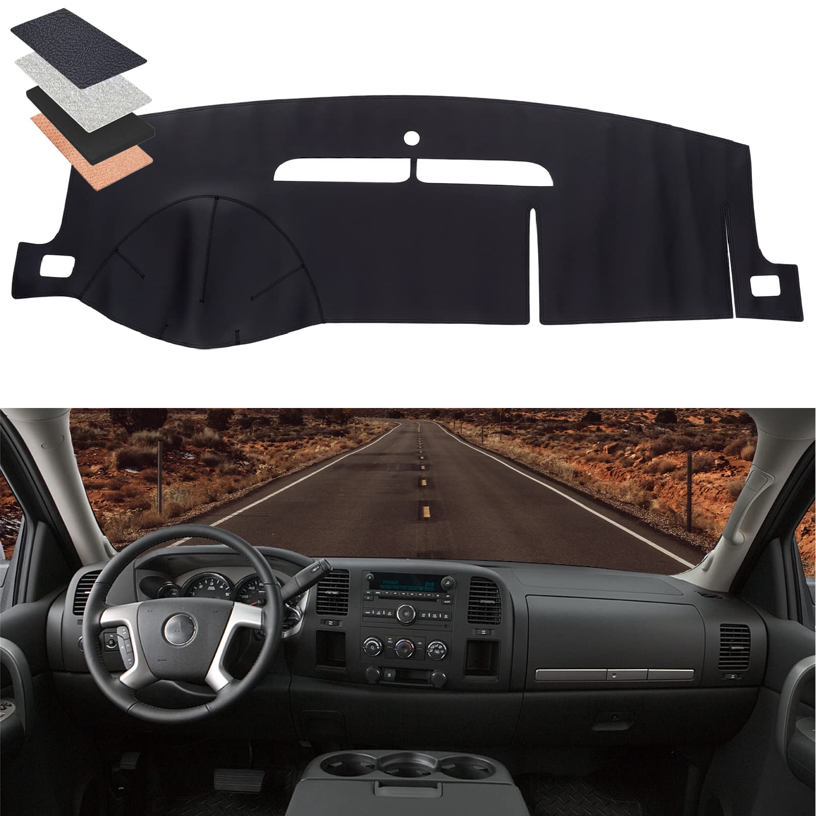 Bdfhyk Dashboard Dash Cover Pu Dash Mat Compatible With 2007-2014 Tahoe Suburban, Yukon Sierra And 2007-2013 Avalanche Silverado 1500 Ltz
