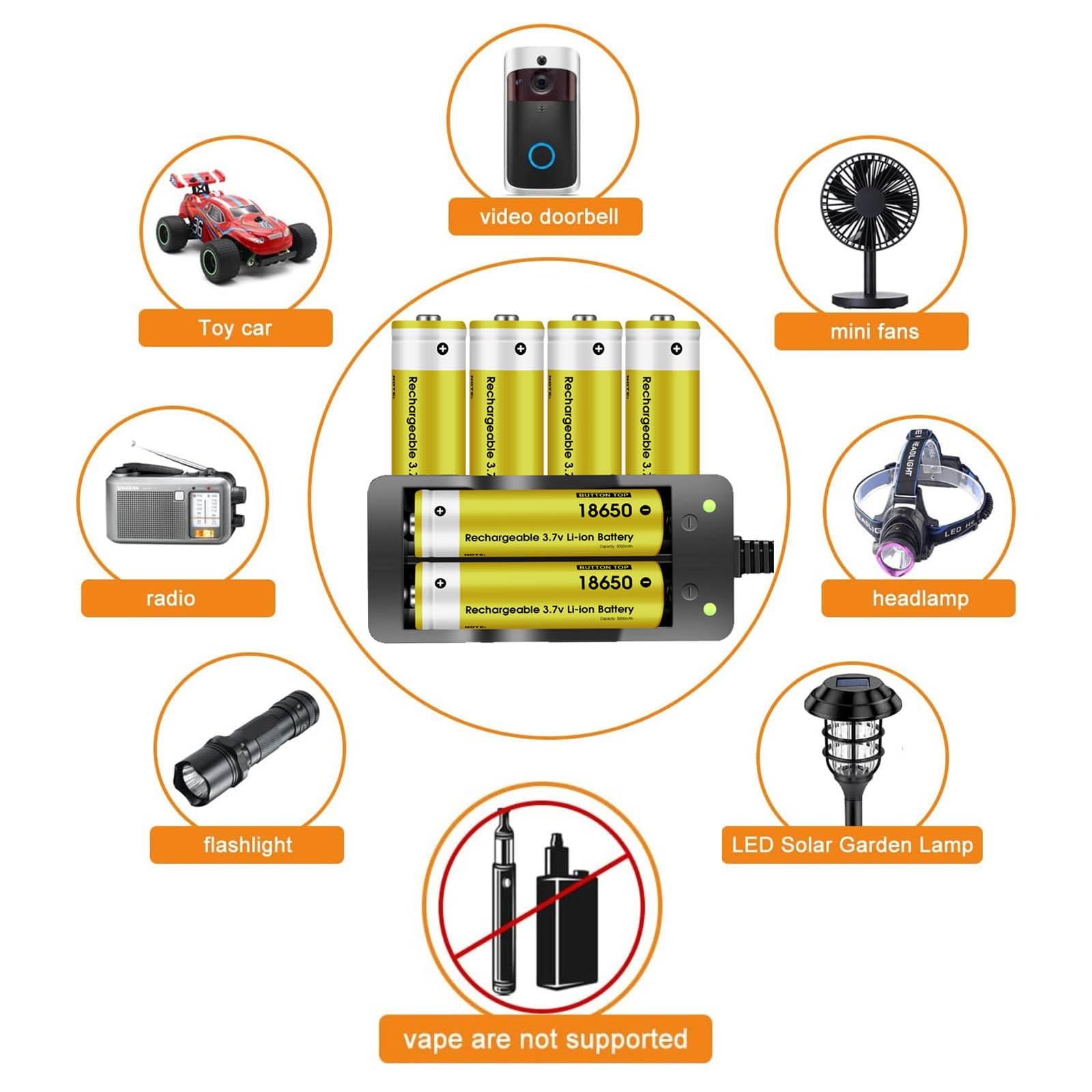 6 Pack 18650 Rechargeable Battery 5000mAh With 18650 Battery Charger,Smart Charger 2 Slot for 3.7V Rechargeable Batteries