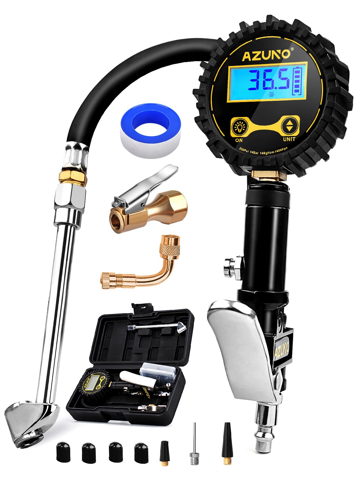 Azuno Digital Tire Inflator With Pressure Gauge, 200 Psi, Heavy Duty Air Compressor Accessories, Comes With A Portable Carrying