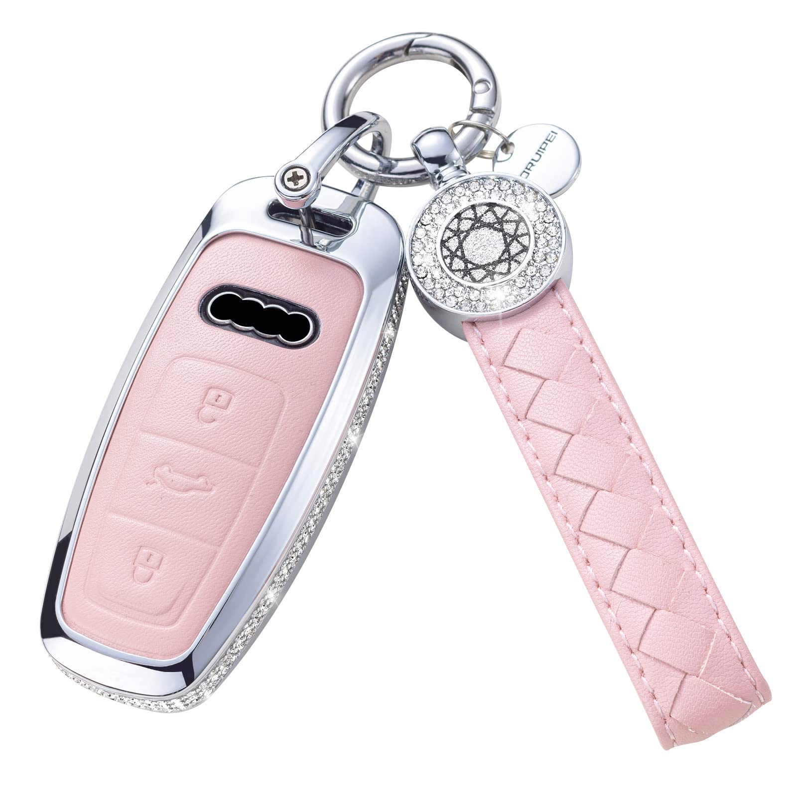 Ruabiban Compatible With Audi Key Fob Cover With Keychain, Pink Genuine Leather Crystal Key Case Protection Shell For A6L A6 A7