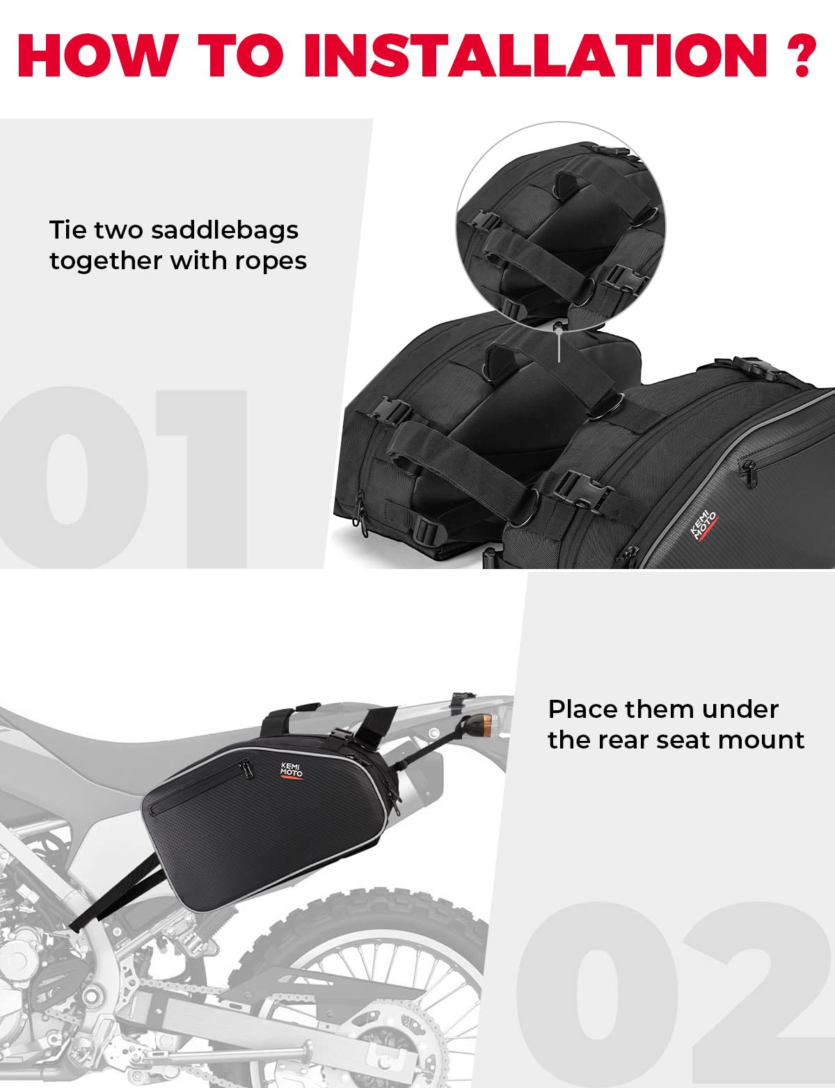 KEMIMOTO Motorcycle Saddlebags, 24L Large Capacity Storage Saddlebags with Rain Covers for Motorcycle Dirt Bike Dual Sport Motor