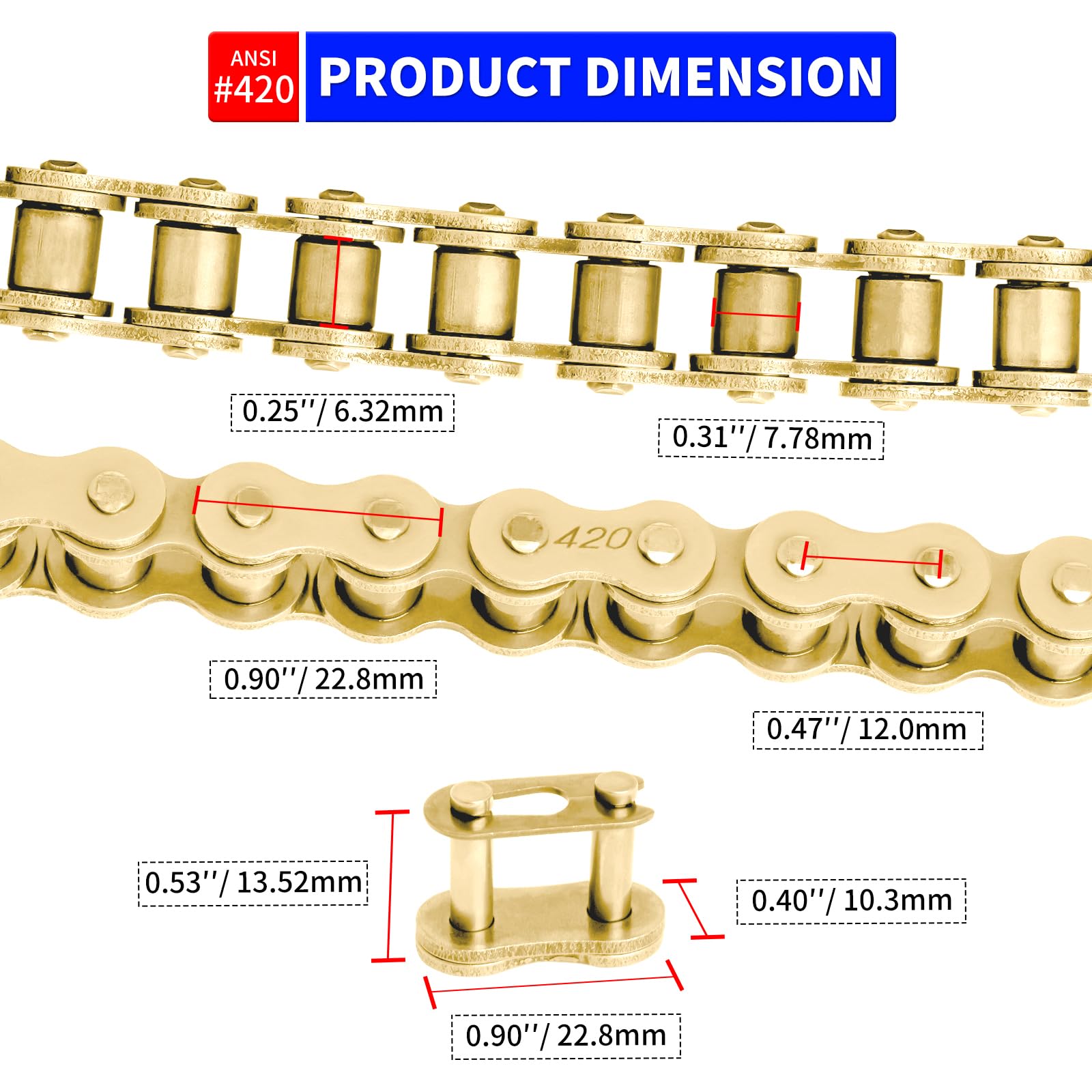 Belleone 420 Gold Motorcycle Chain 132 Links With Chain Breaker, 420 Standard Roller Chain With 10 Connecting Master Links Heavy