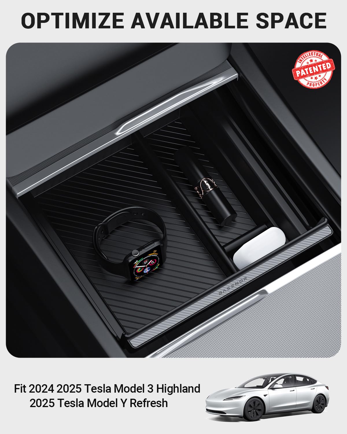 Basenor Center Console Organizer Tray (Carbon Edition) Compatible With Tesla Model 3 Highland 2024 2025 Tesla Model Y 2025 Refre
