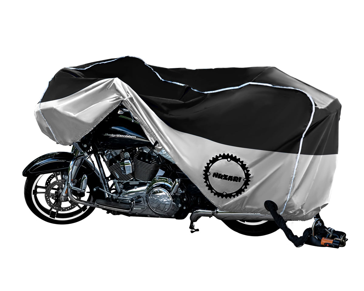 Heavy Duty Motorcycle Cover, Totally Breathable, Reflective Strips, Elastic Bottom, Luggage Strap, Lockable Grom, Durable Sewn C